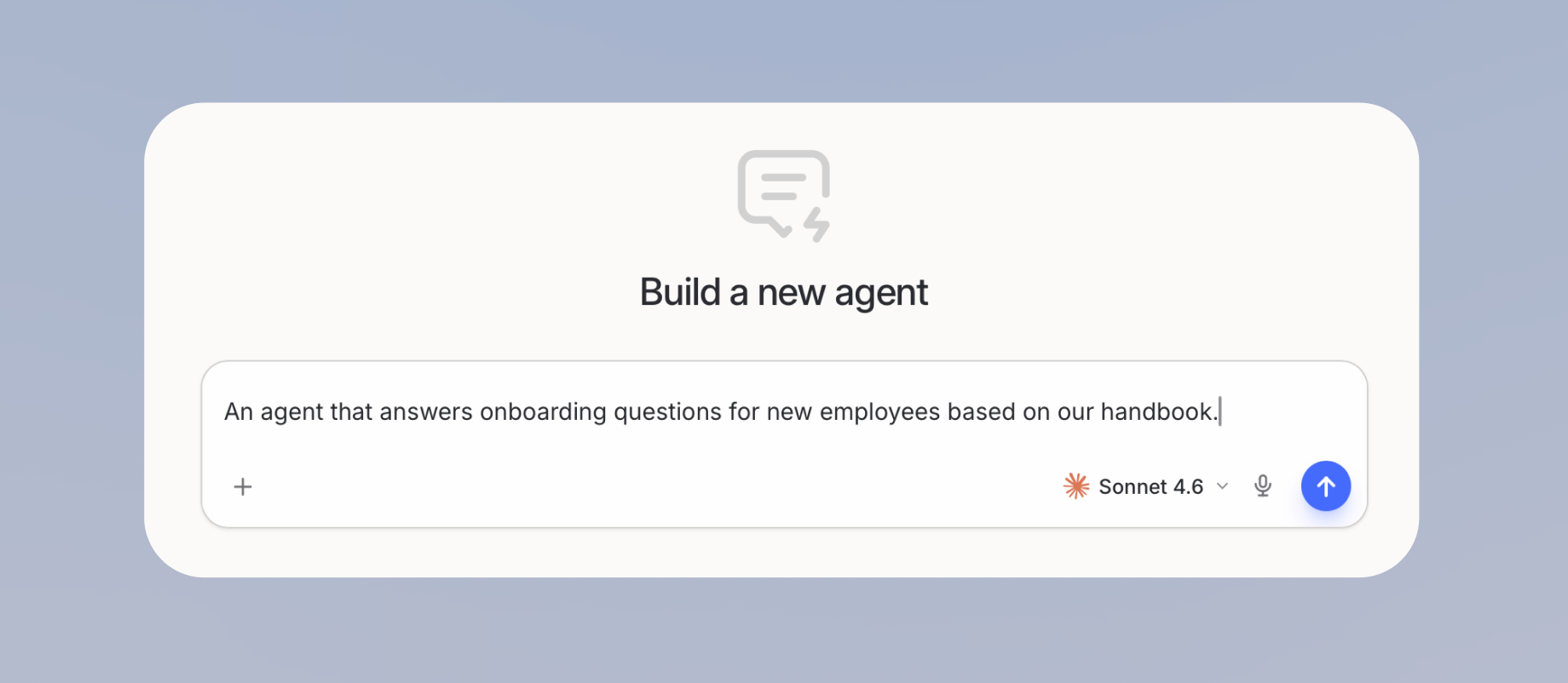 Build a new agent screen with an agent description entered in the prompt field