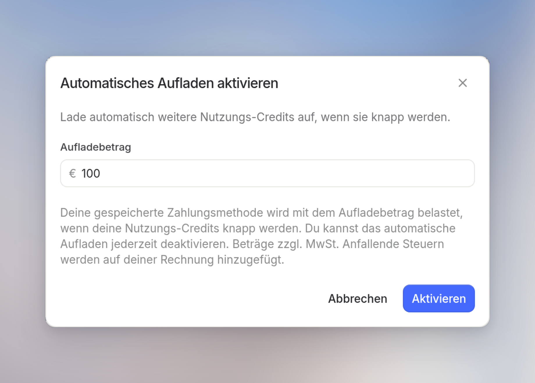 Dialog Automatisches Aufladen aktivieren mit Aufladebetrag und Aktivieren