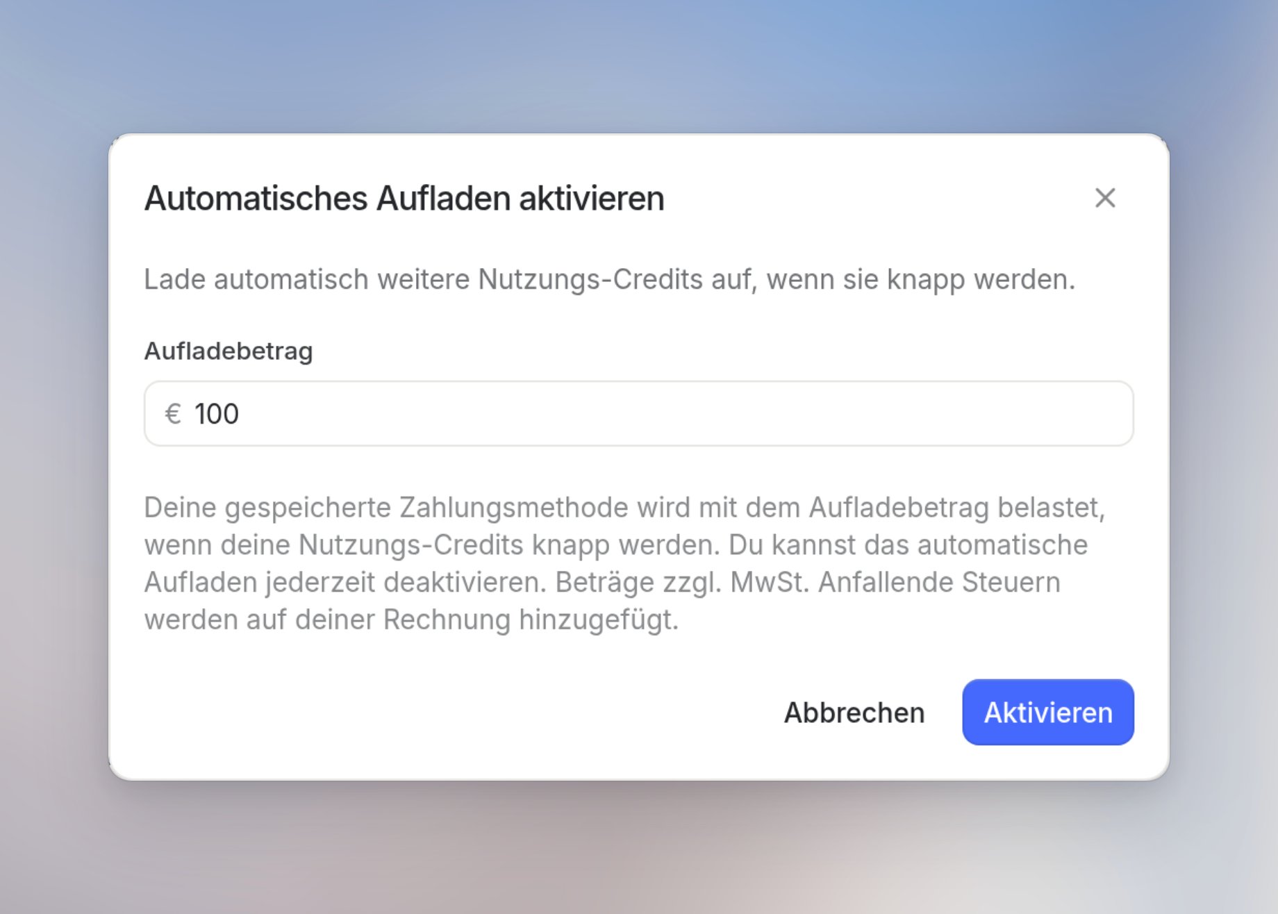 Dialog Automatisches Aufladen aktivieren mit Aufladebetrag und Aktivieren