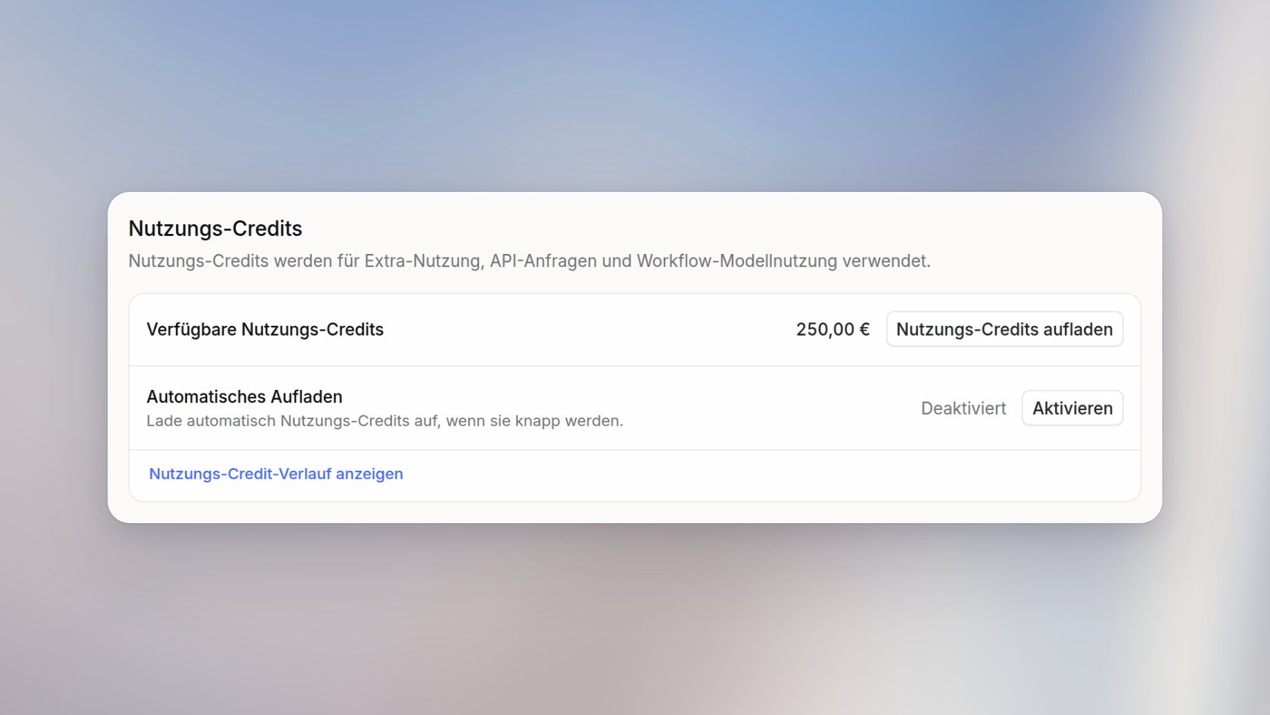 Bereich Nutzungs-Credits in den Workspace-Einstellungen mit verfügbaren Nutzungs-Credits, Nutzungs-Credits aufladen und deaktiviertem Automatischen Aufladen