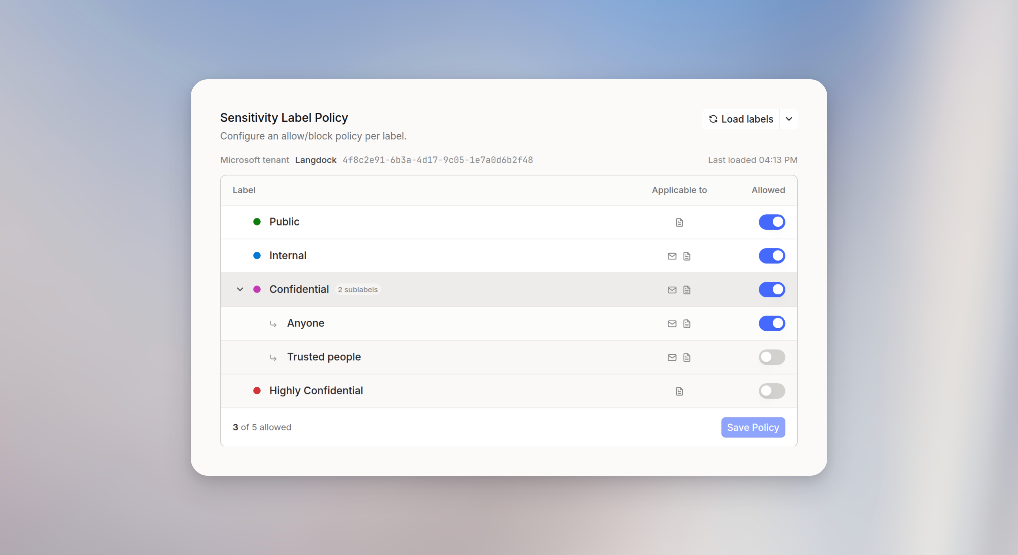 Sensitivity label policy for Langdock, with Confidential expanded so Anyone is allowed and Trusted people is blocked