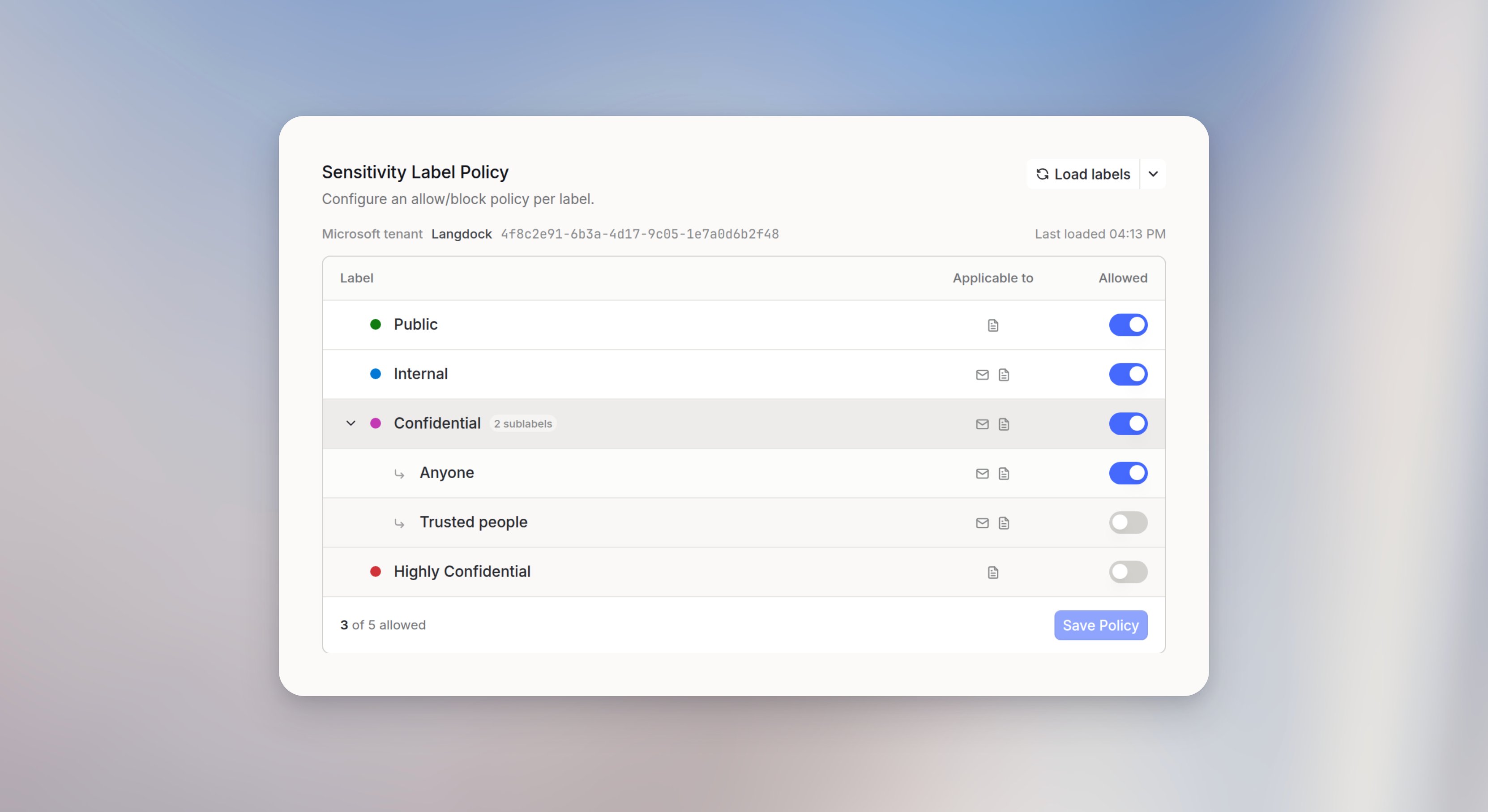 Sensitivity label policy for Langdock, with Confidential expanded so Anyone is allowed and Trusted people is blocked