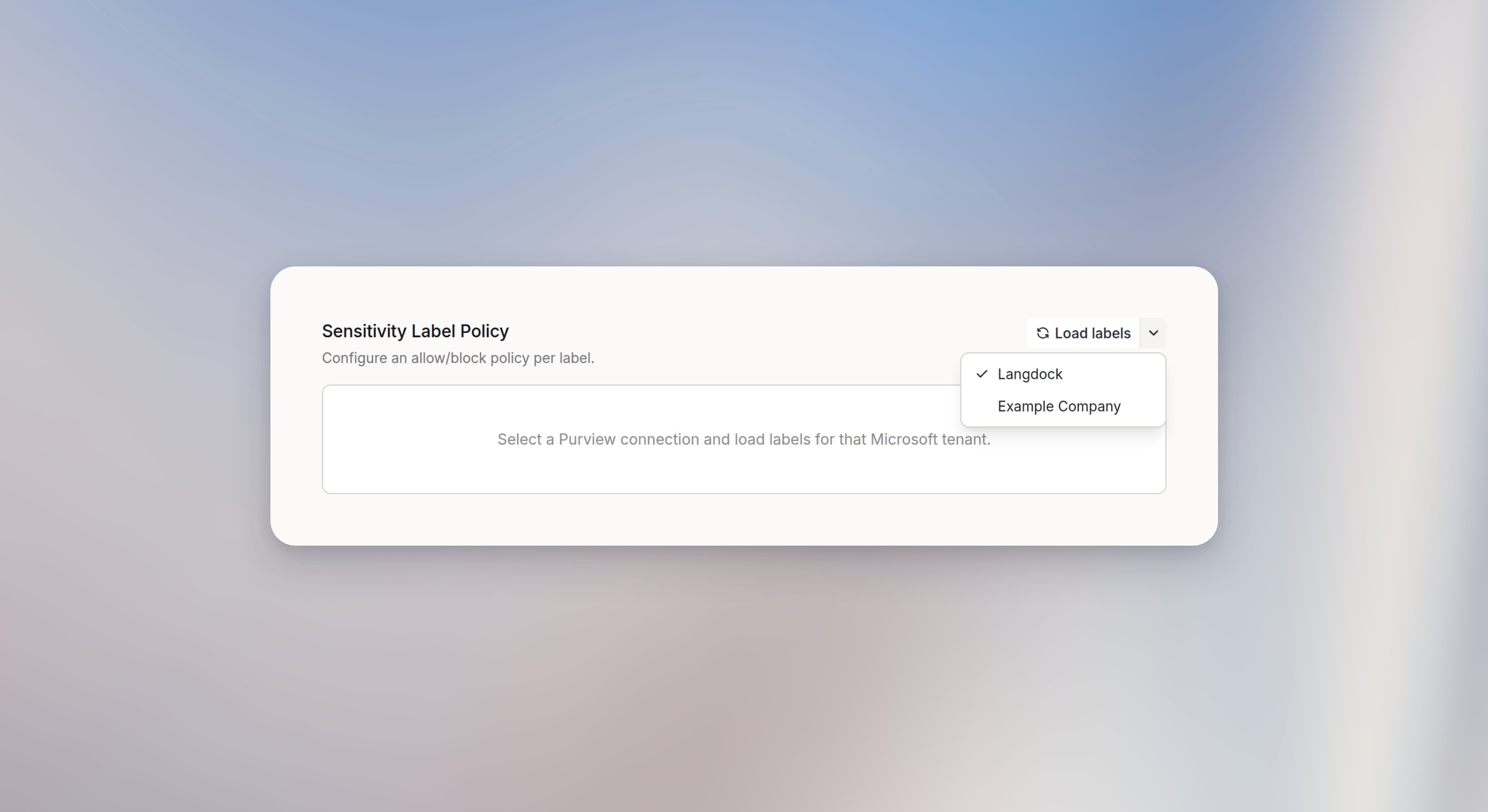 Load labels menu with Langdock selected, above the empty sensitivity label policy