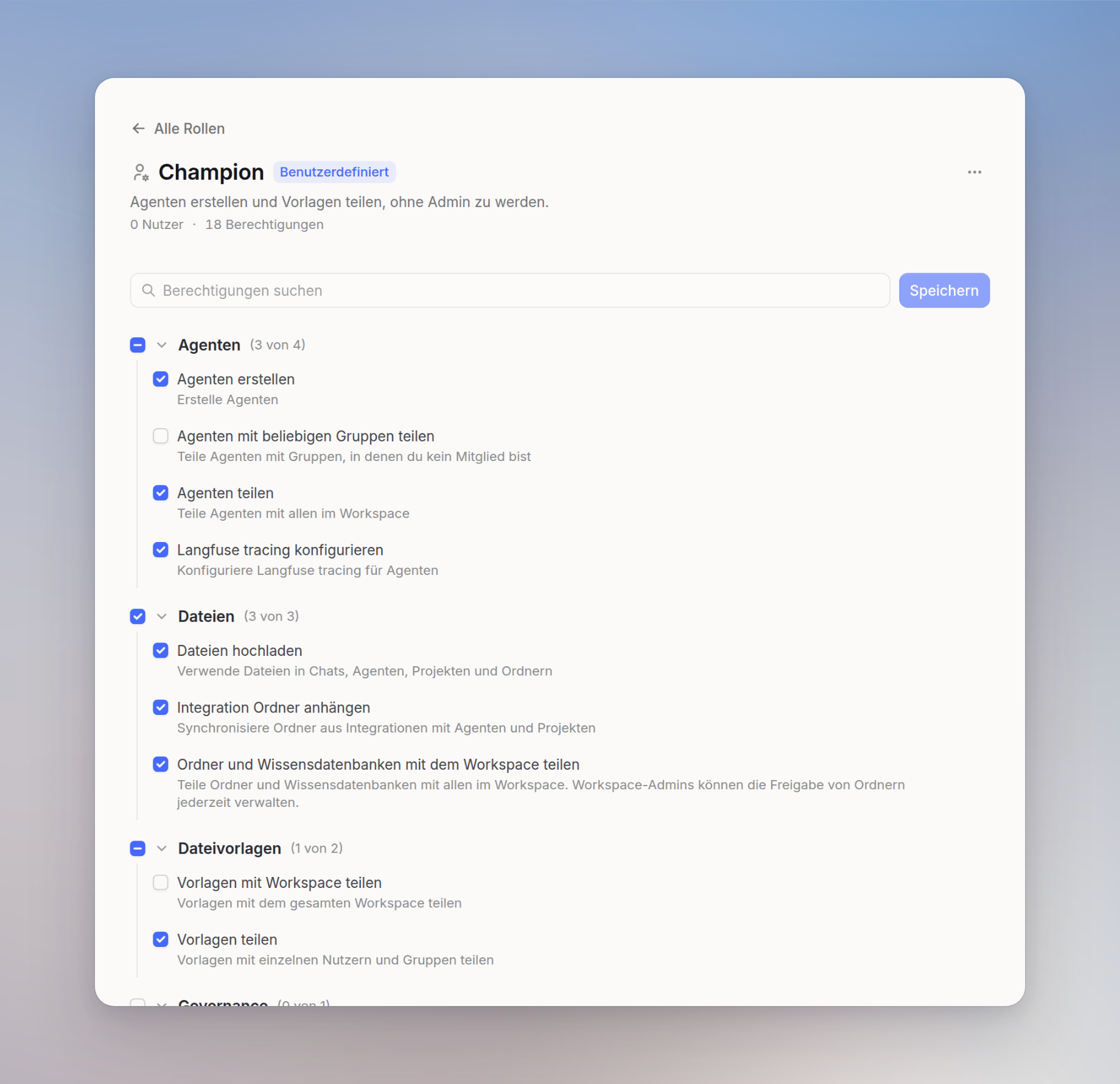 Champion-Rolle mit Berechtigungen nach Bereich und Schaltern für Agenten, Workflows und Vorlagen