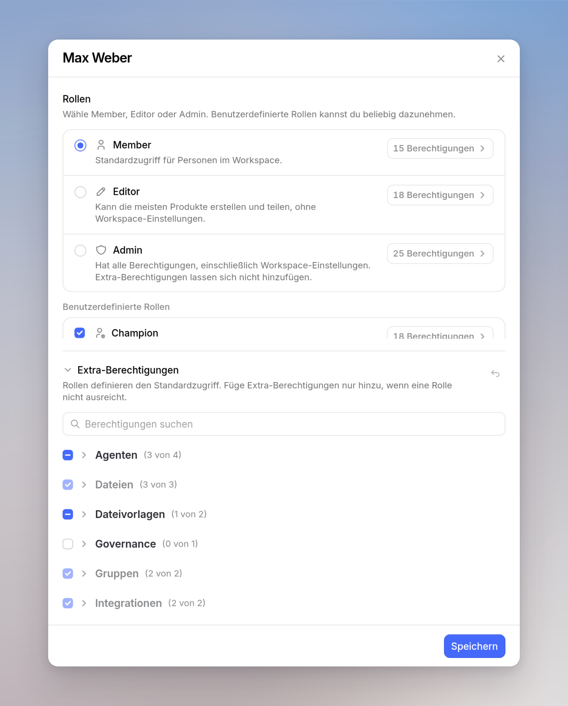 Drawer Zugriff bearbeiten für Max Weber mit Member, aktivierter Rolle Champion und aufgeklappten Extra-Berechtigungen
