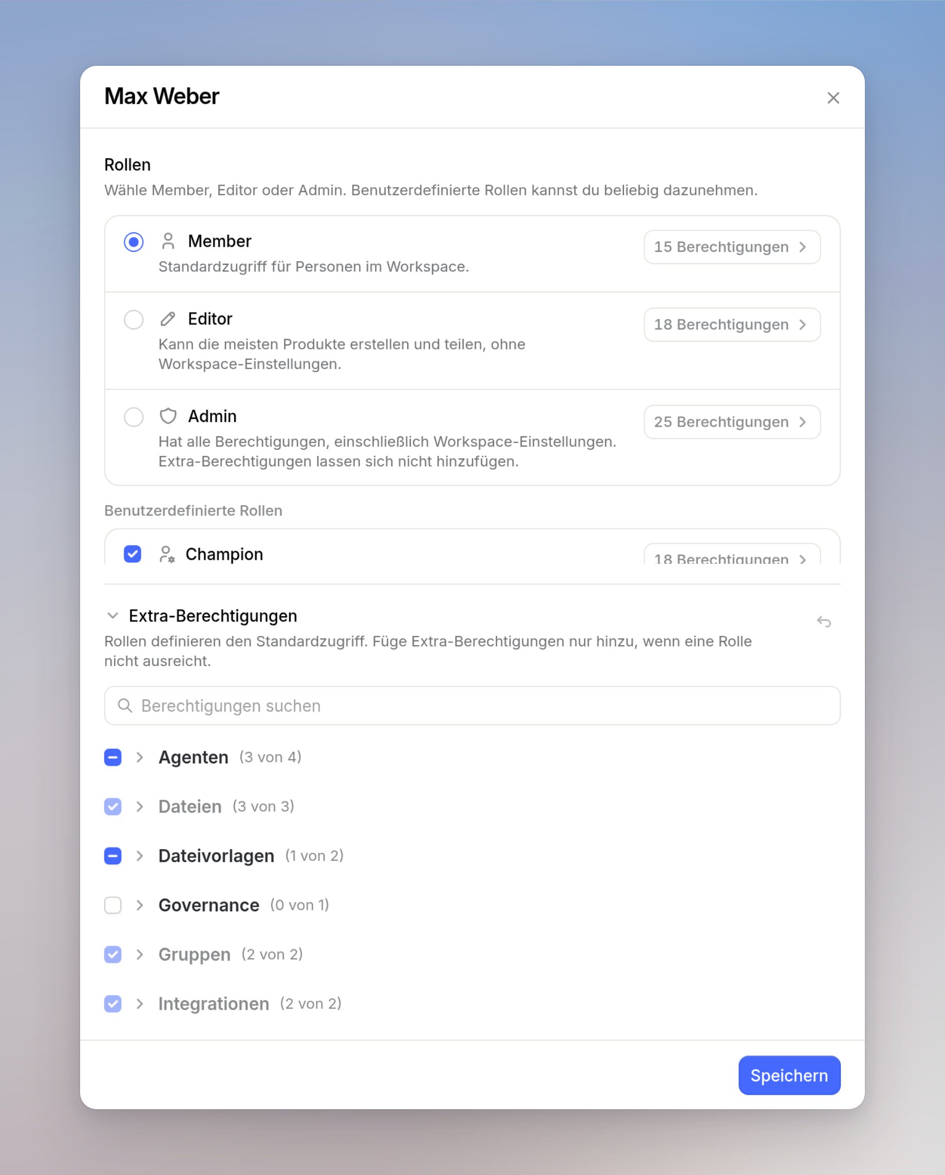 Drawer Zugriff bearbeiten für Max Weber mit Member, aktivierter Rolle Champion und aufgeklappten Extra-Berechtigungen