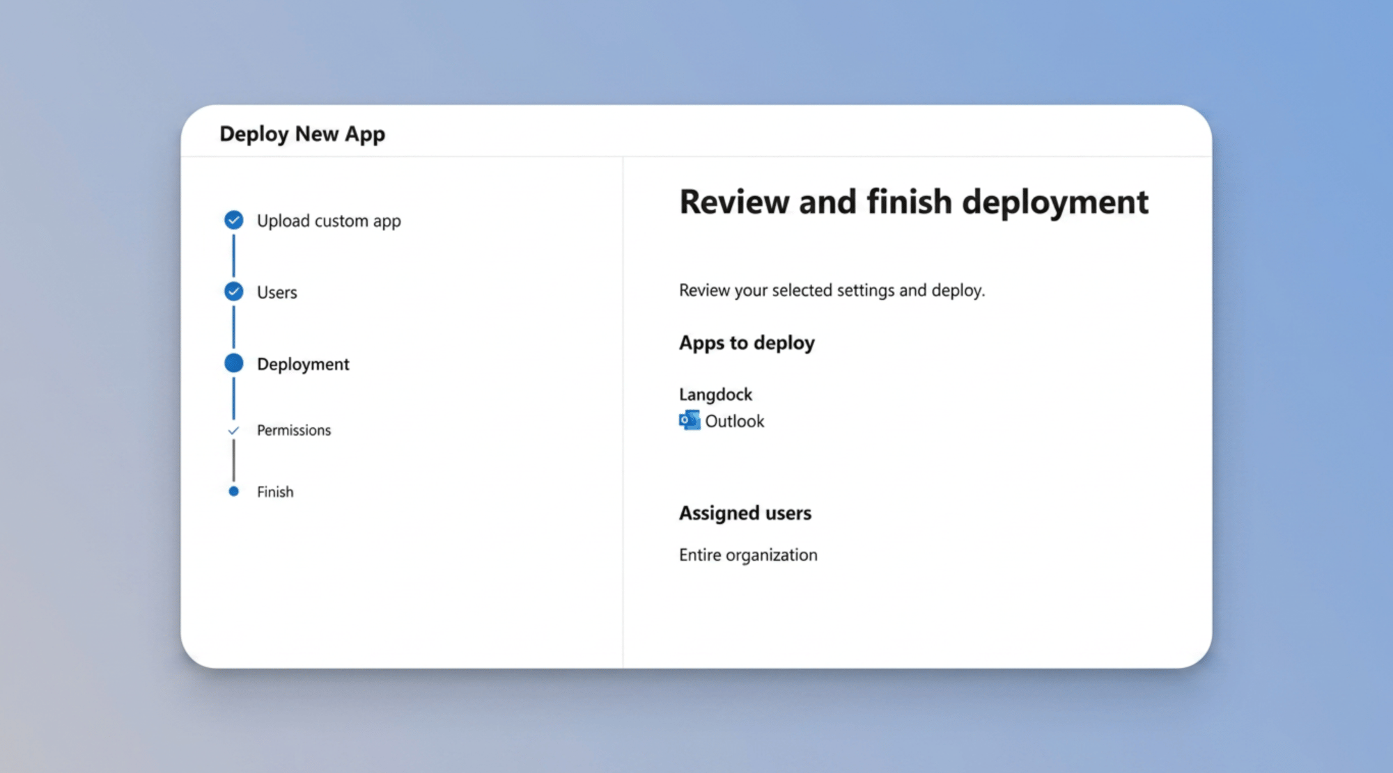 Review and finish deployment Seite für das Langdock Outlook Add-in
