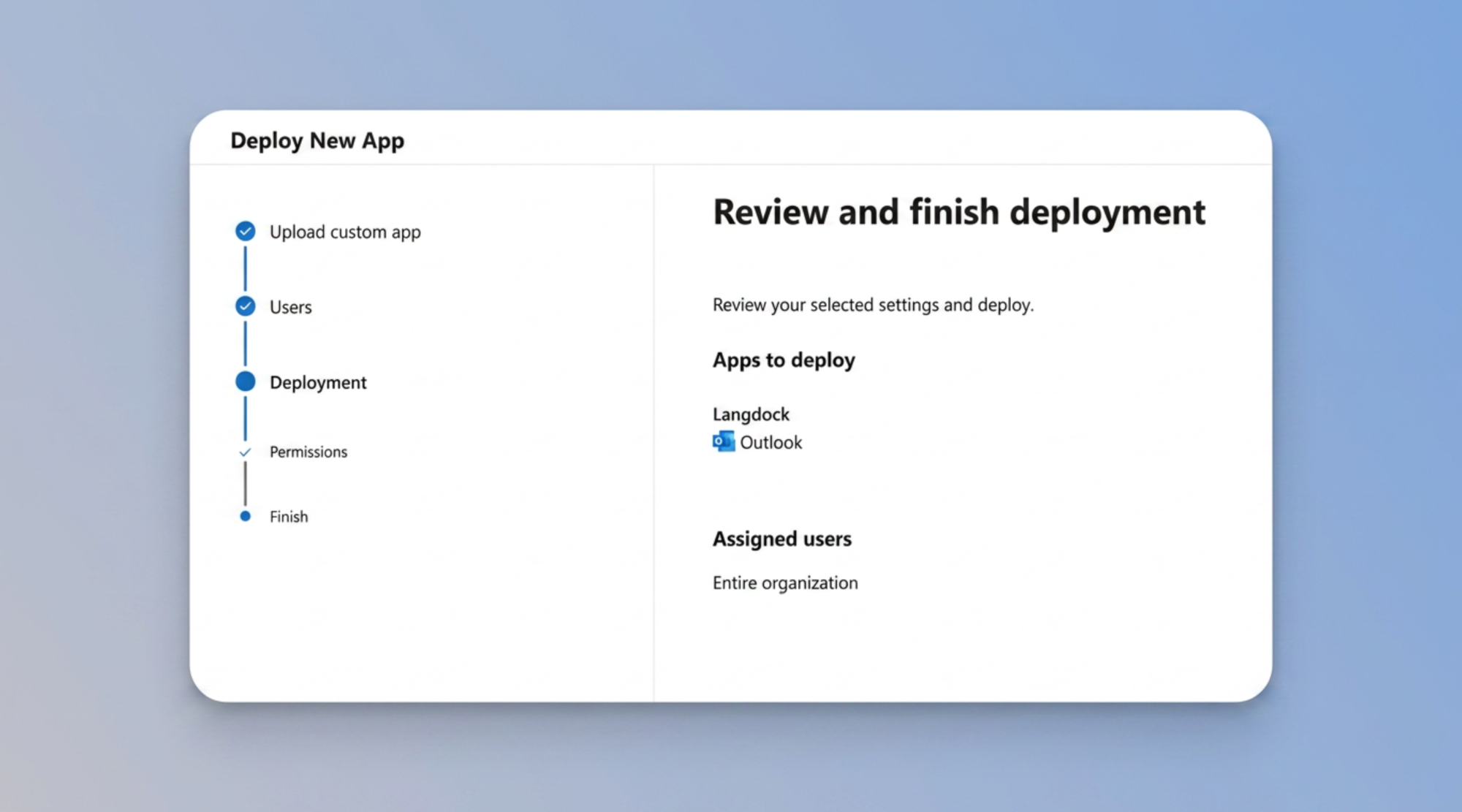 Review and finish deployment screen for the Langdock Outlook Add-in