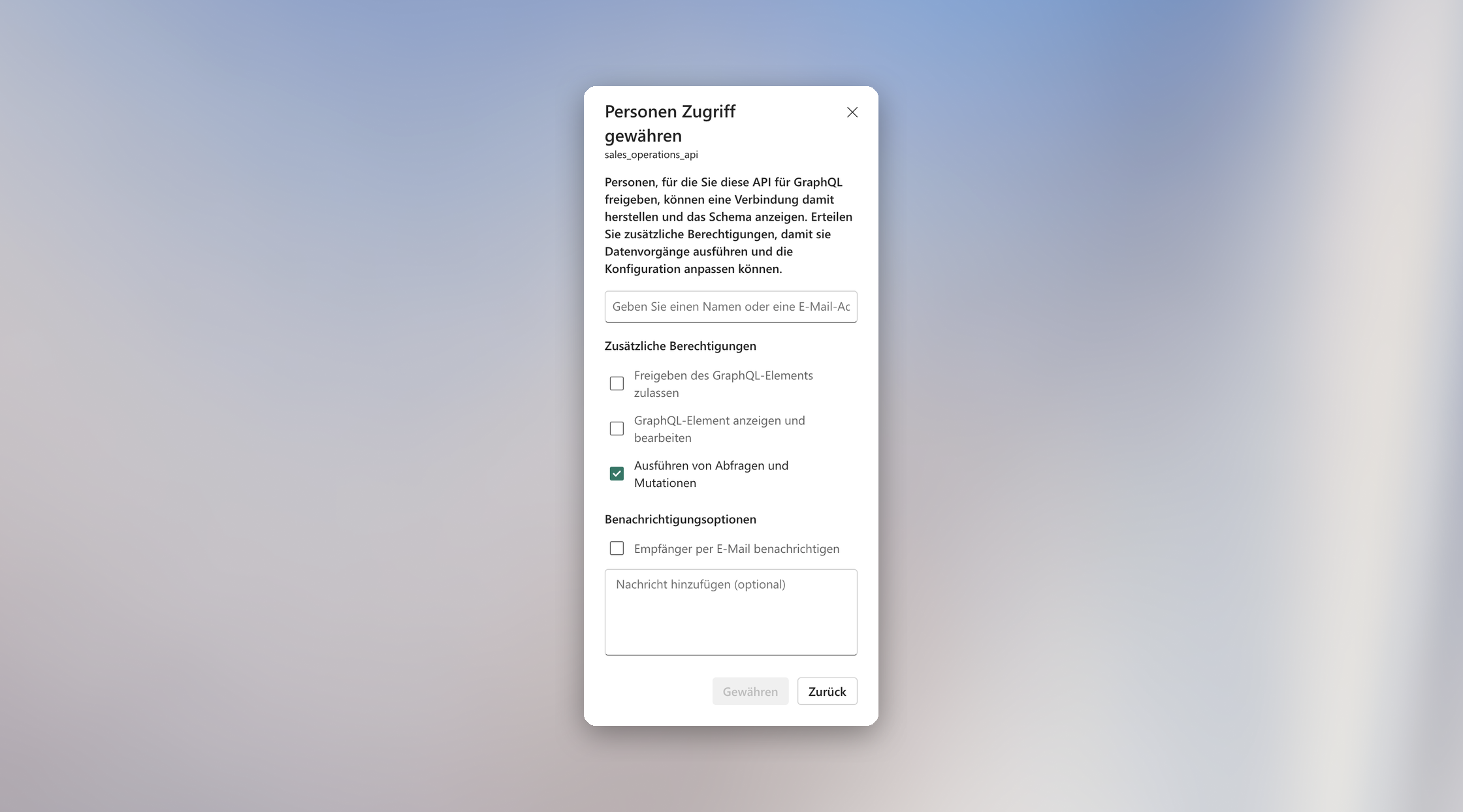 Ausgewählte Berechtigung „Ausführen von Abfragen und Mutationen“ im Freigabedialog einer API für GraphQL in Microsoft Fabric