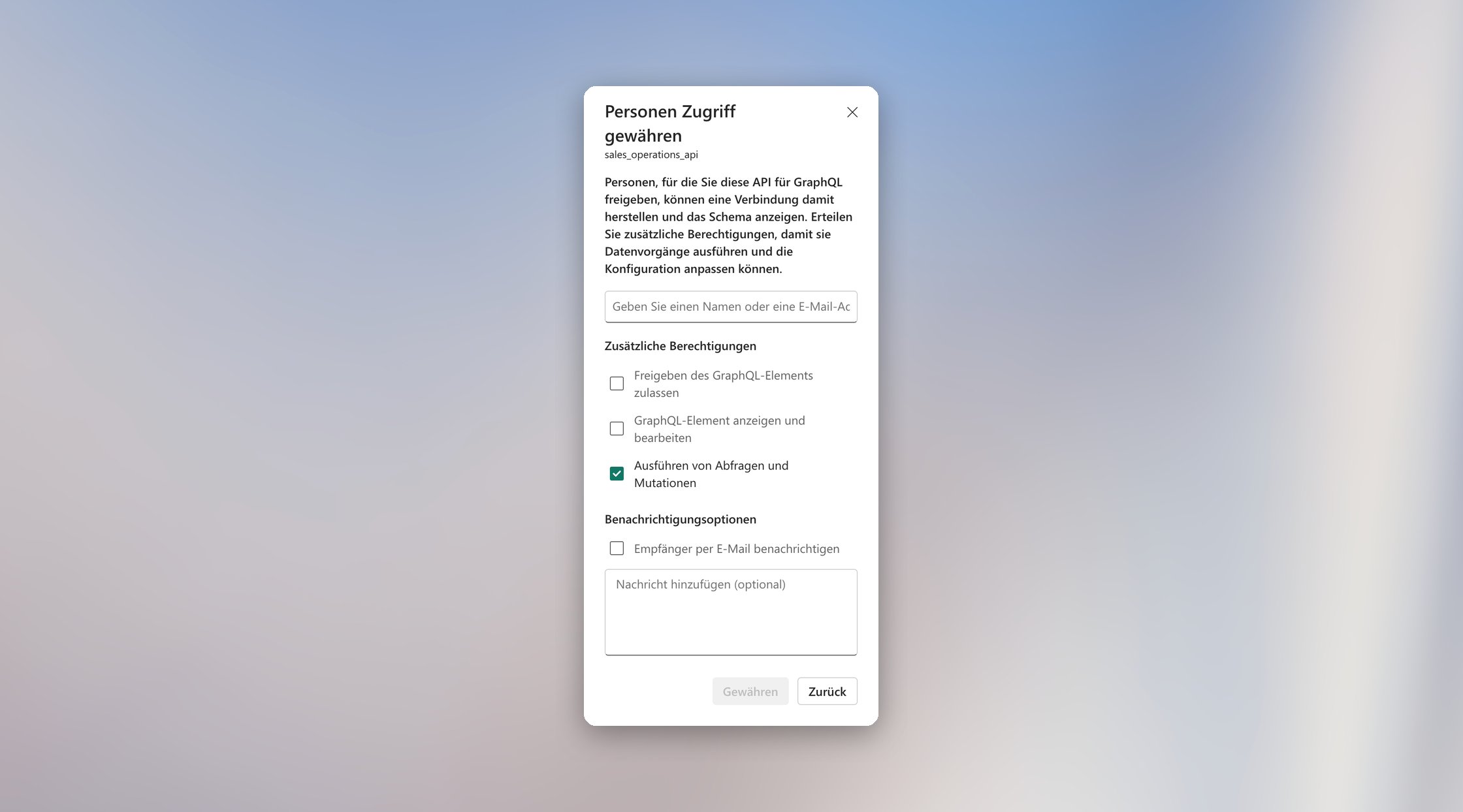 Ausgewählte Berechtigung „Ausführen von Abfragen und Mutationen“ im Freigabedialog einer API für GraphQL in Microsoft Fabric