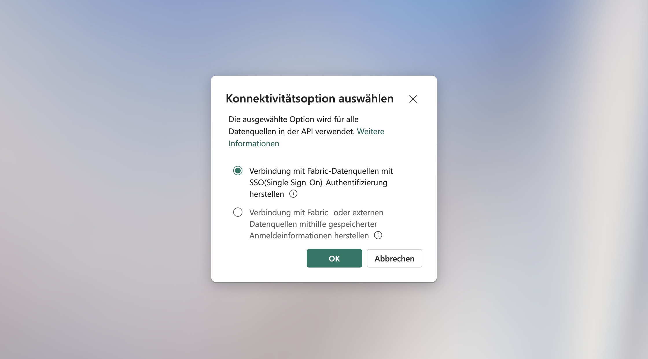 Konnektivitätsdialog in Microsoft Fabric mit ausgewählter SSO-Authentifizierung