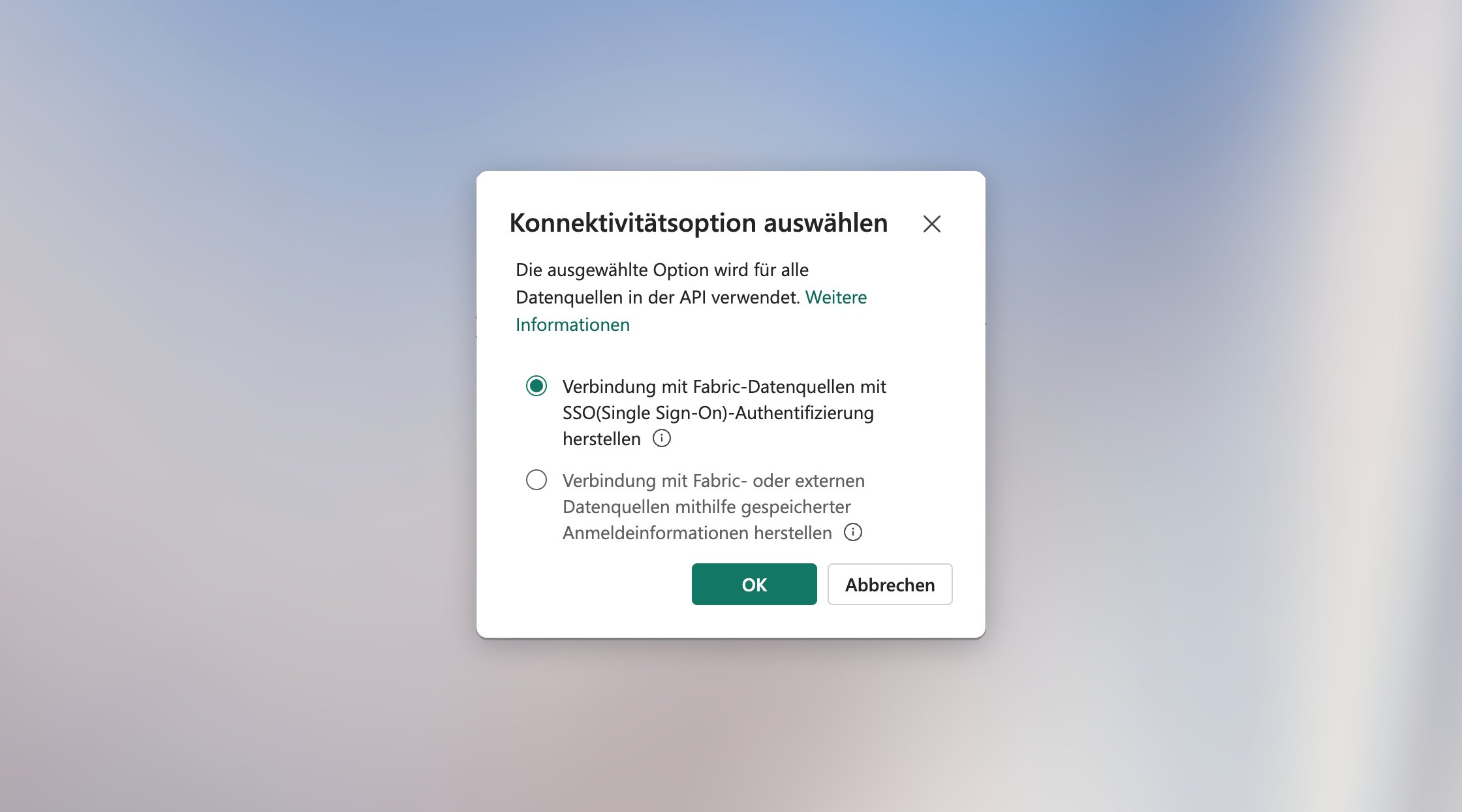 Konnektivitätsdialog in Microsoft Fabric mit ausgewählter SSO-Authentifizierung