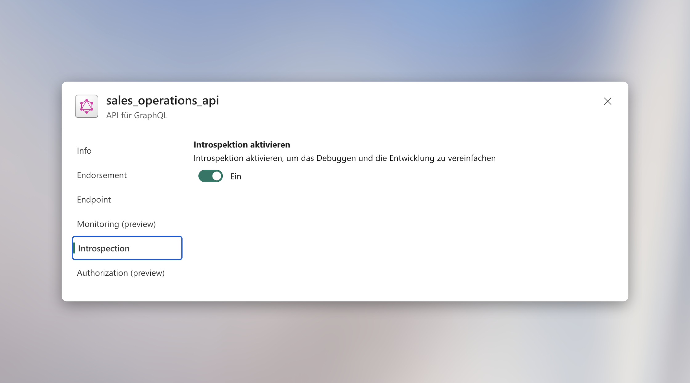 Aktivierte Introspektion in den Einstellungen einer API für GraphQL in Microsoft Fabric