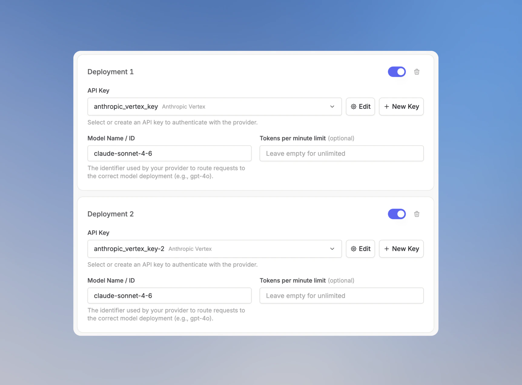 Fallback deployment configuration fields for API key and model name