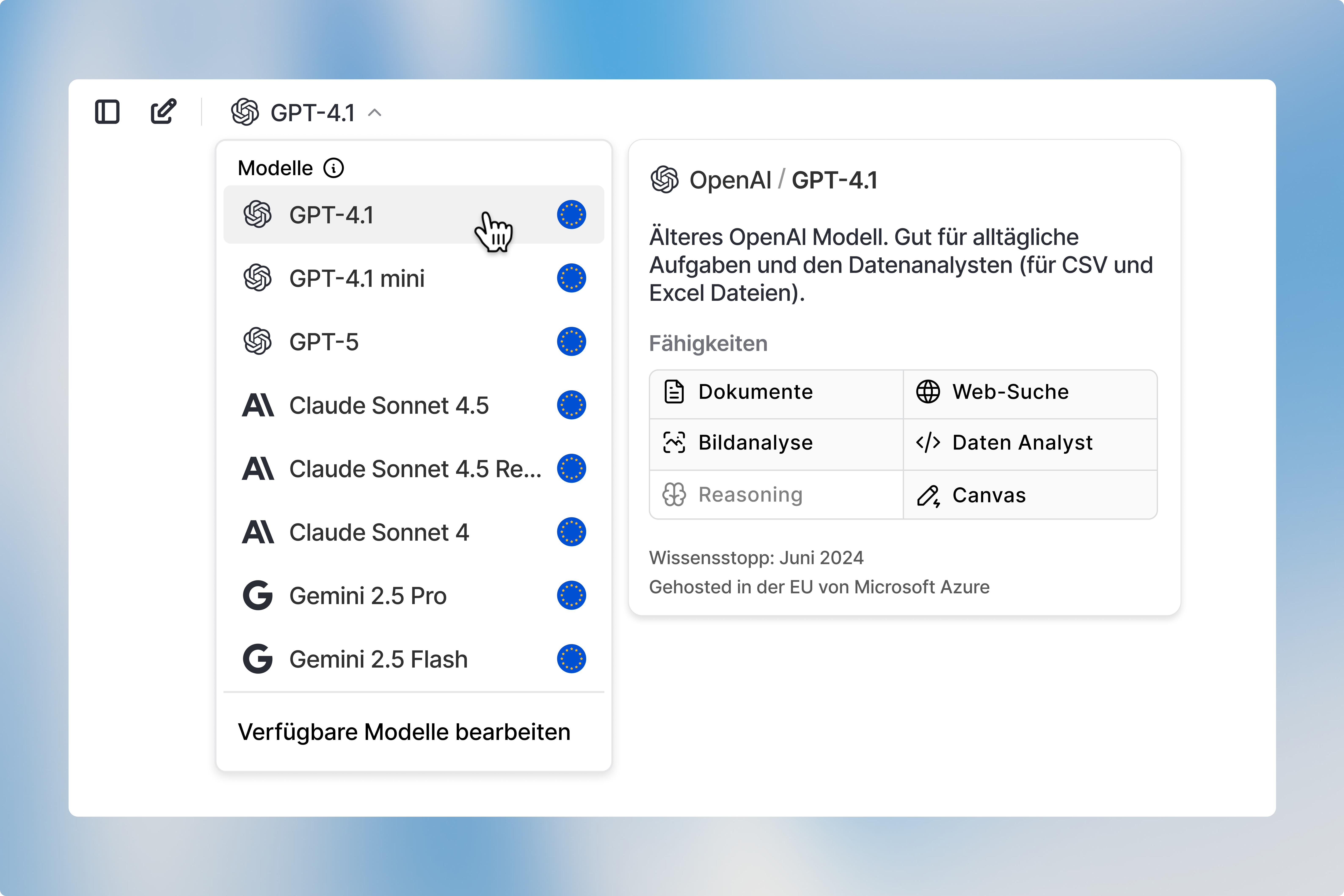 Langdock Modellauswähler mit den Modellinformationen