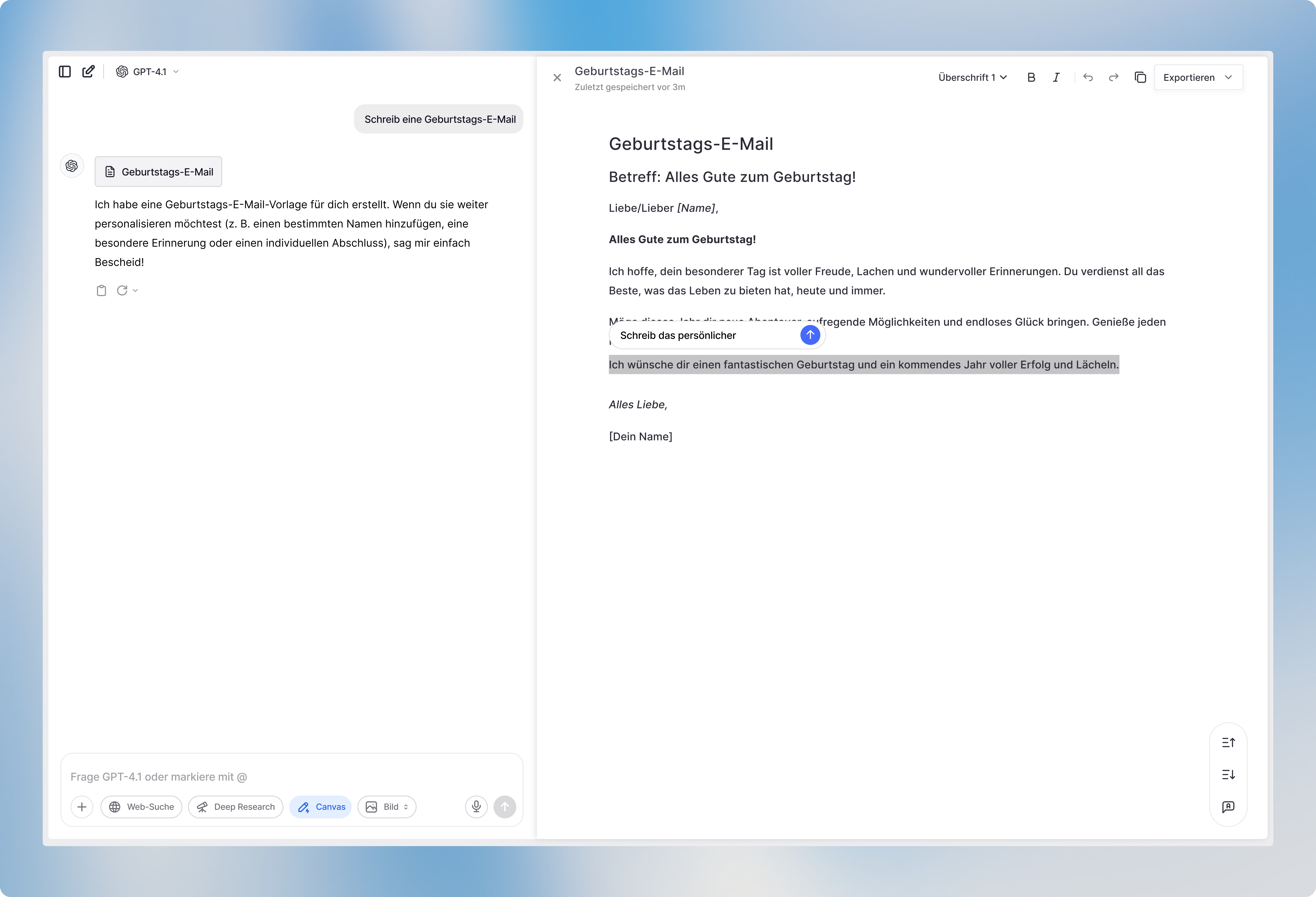Image shows AI assisted in-line editing in Canvas