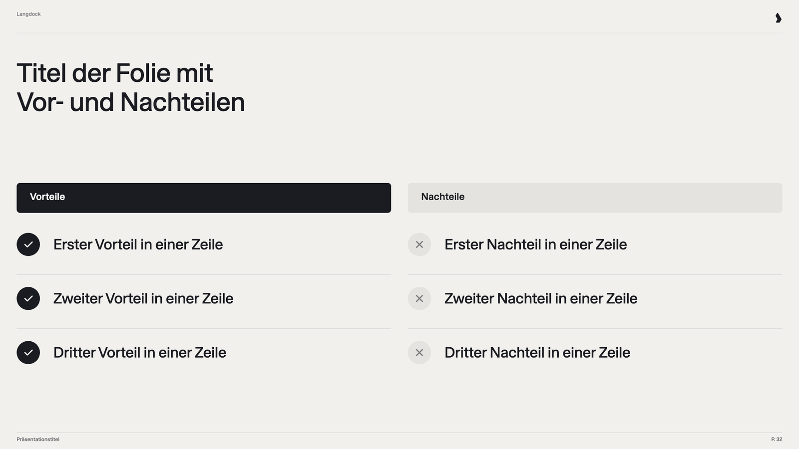 Pro-und-Contra-Folie mit zwei Spalten zu je drei Punkten, markiert mit Häkchen und Kreuzen