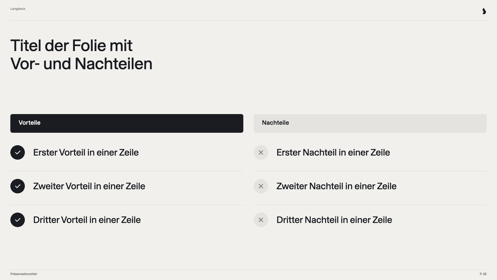 Pro-und-Contra-Folie mit zwei Spalten zu je drei Punkten, markiert mit Häkchen und Kreuzen