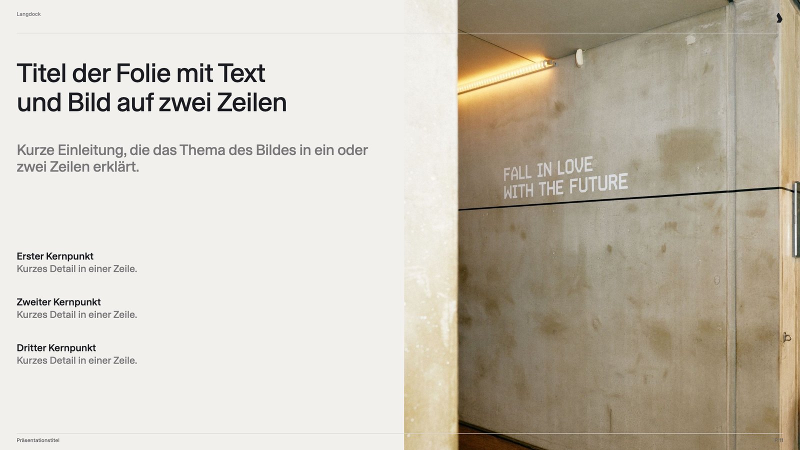 Folie mit Titel, Einleitung und drei Kernpunkten links und einem Foto einer Betonwand auf der rechten Hälfte