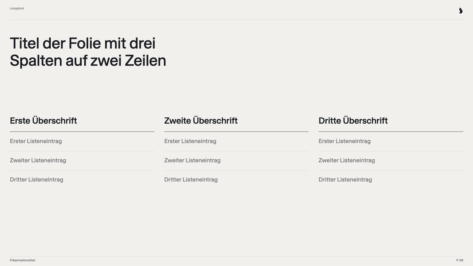 Drei-Spalten-Folie mit linierten Überschriften und drei Listeneinträgen pro Spalte