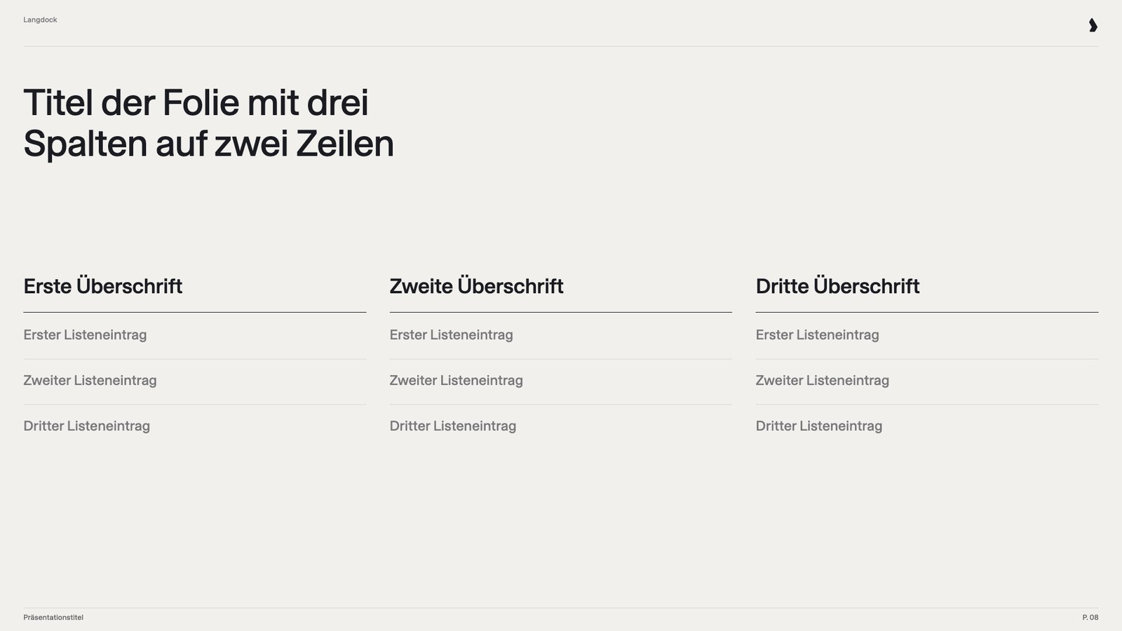 Drei-Spalten-Folie mit linierten Überschriften und drei Listeneinträgen pro Spalte