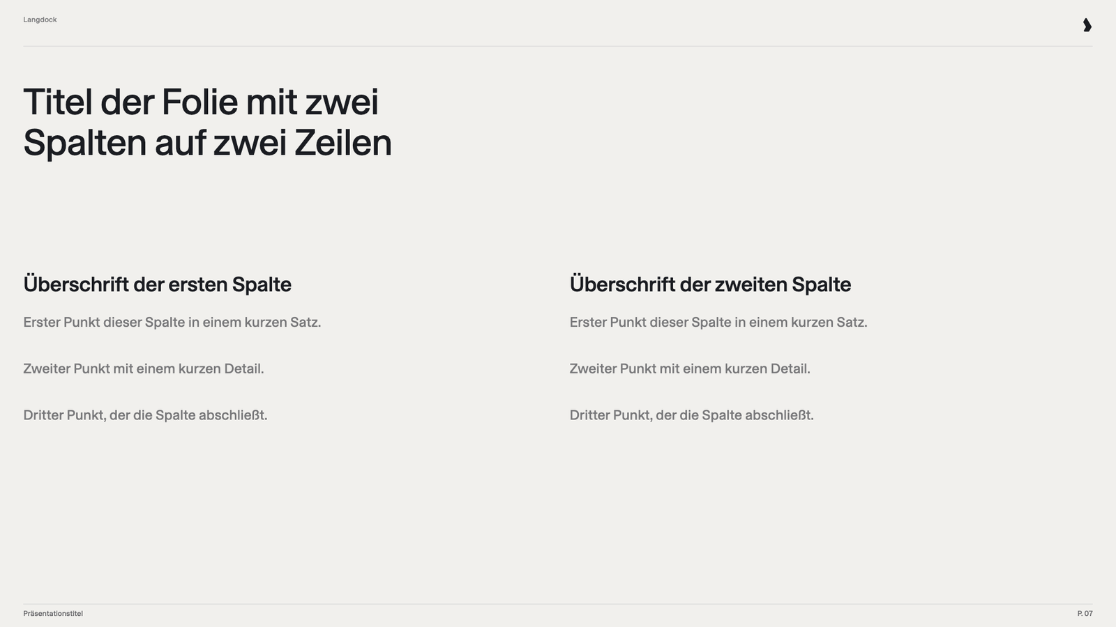 Zwei-Spalten-Folie mit Überschrift und drei kurzen Punkten pro Spalte