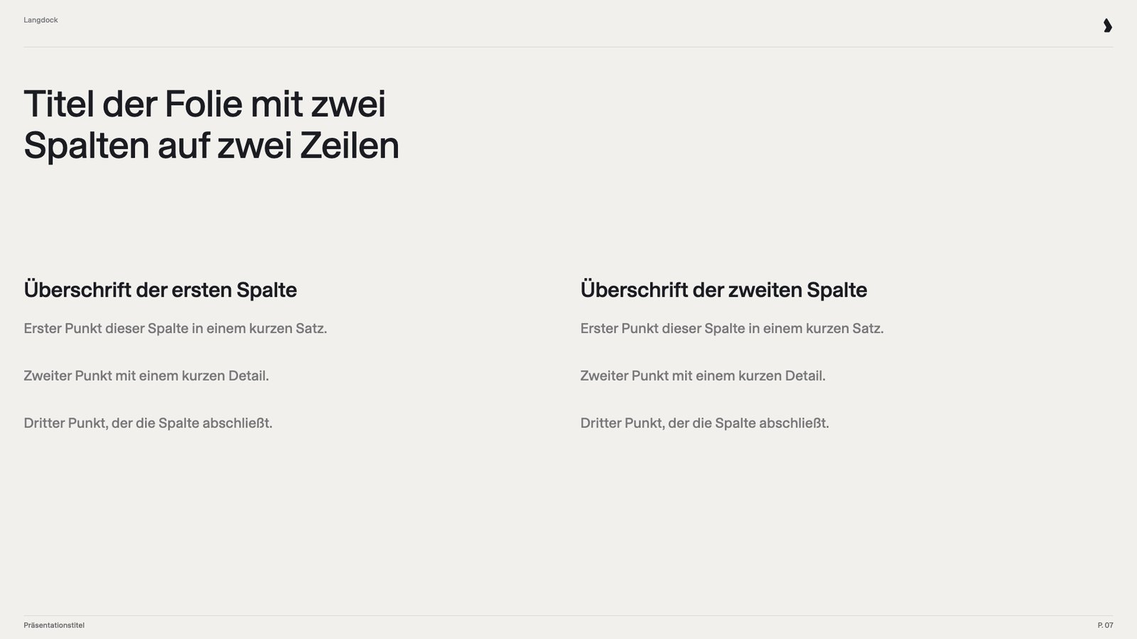 Zwei-Spalten-Folie mit Überschrift und drei kurzen Punkten pro Spalte