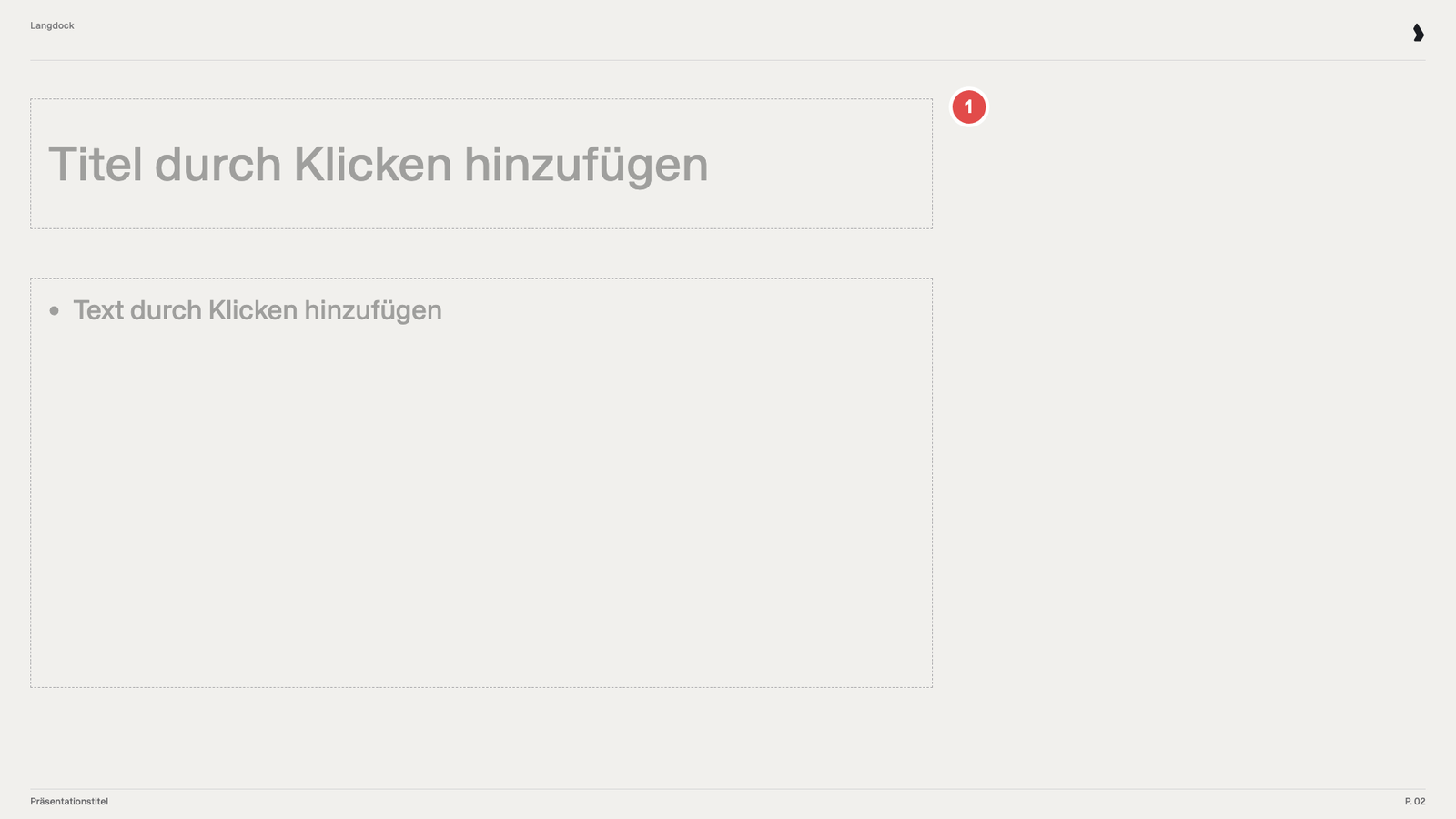 Folie mit nur leeren Titel- und Textplatzhaltern, markiert mit 1