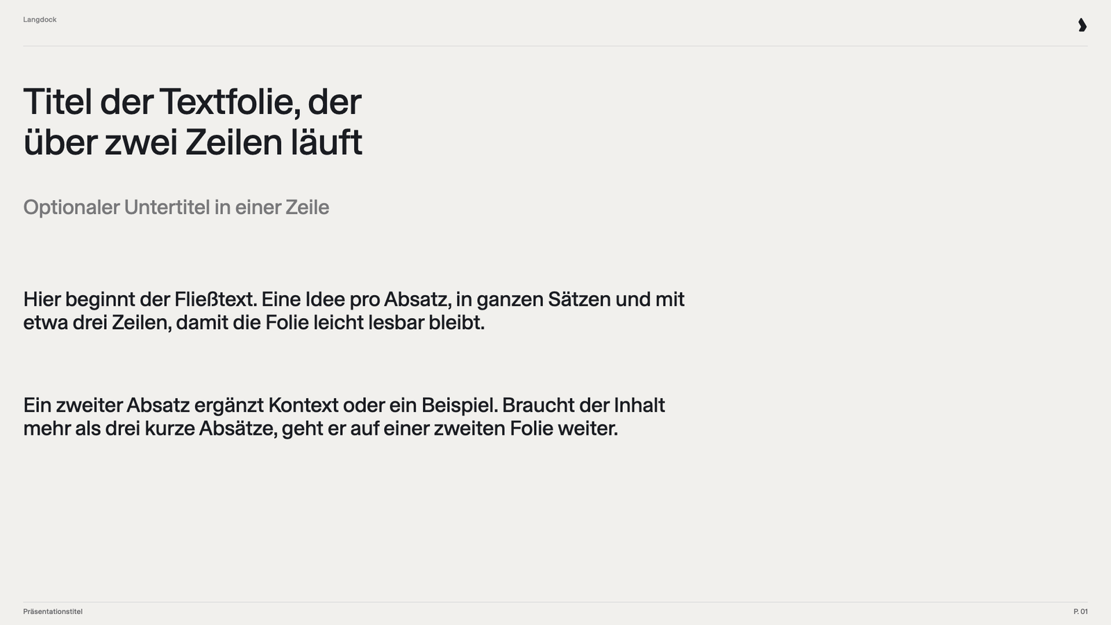 Textfolie mit Titel, Untertitel und zwei Absätzen