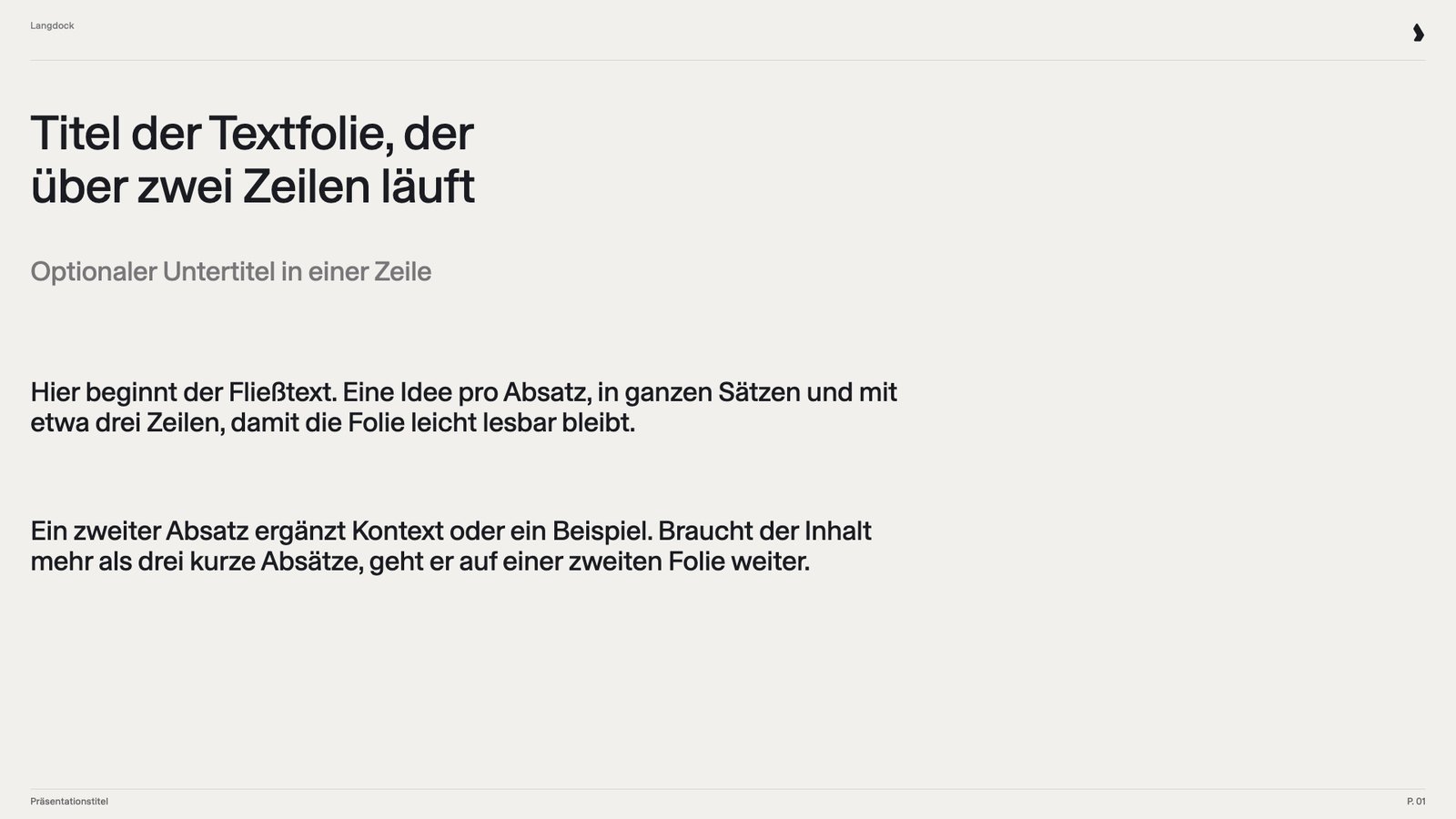 Textfolie mit Titel, Untertitel und zwei Absätzen