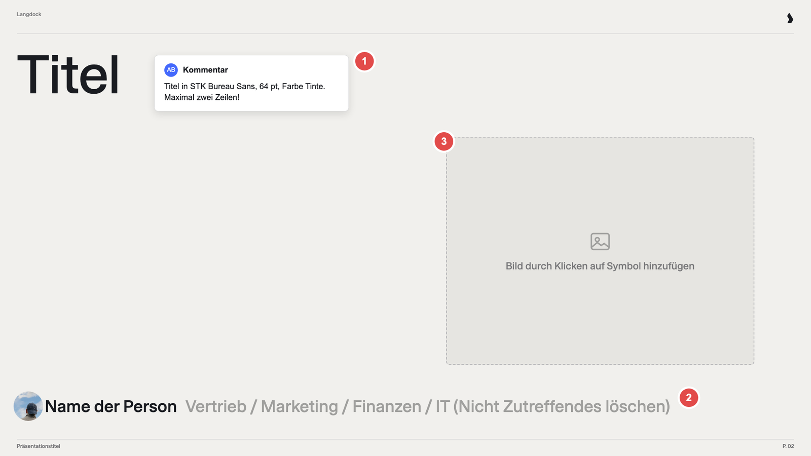 Titelfolie mit Schrift-Kommentar, Team-Auswahl und leerem Bildplatzhalter, markiert mit 1 bis 3