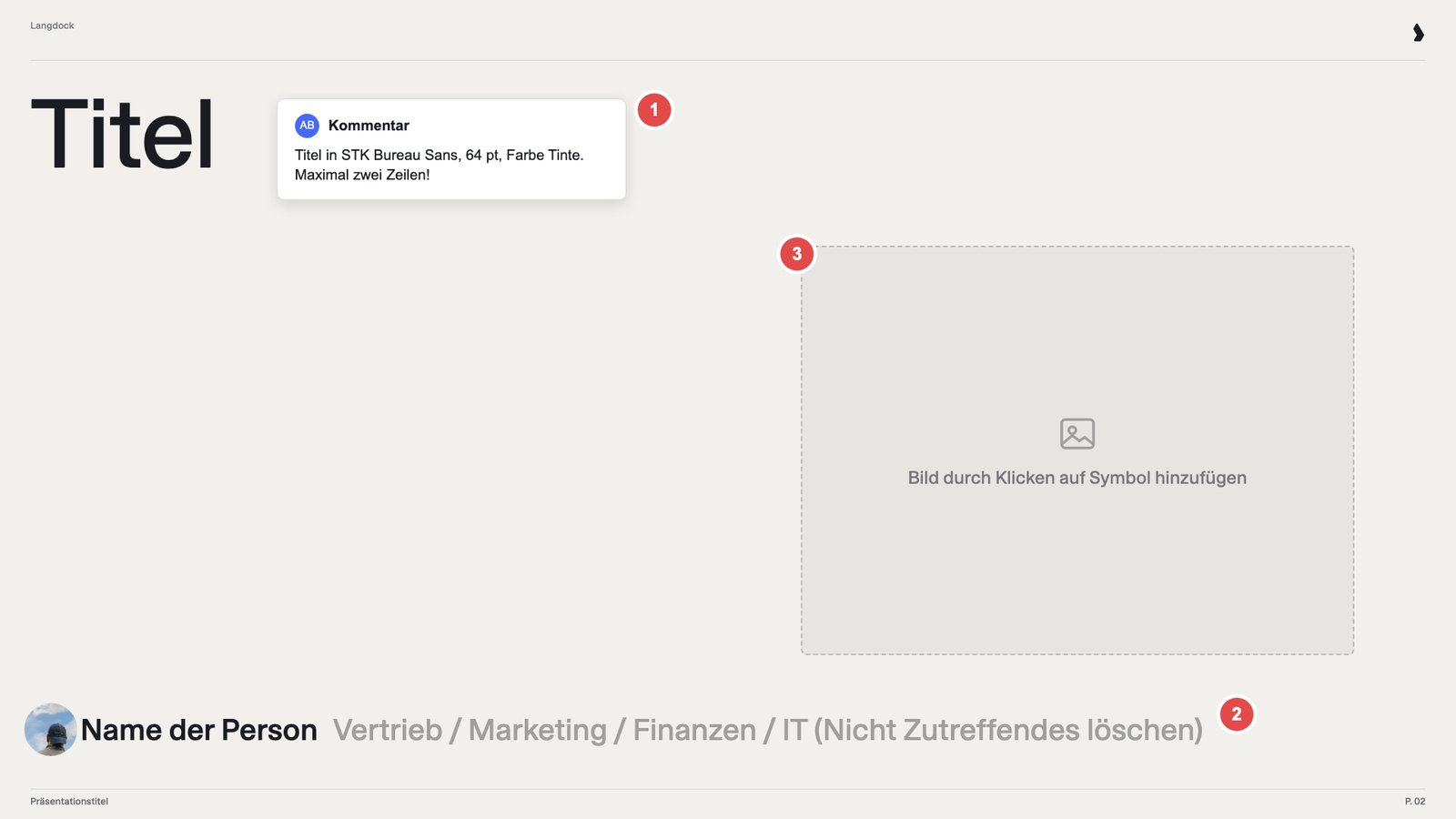 Titelfolie mit Schrift-Kommentar, Team-Auswahl und leerem Bildplatzhalter, markiert mit 1 bis 3