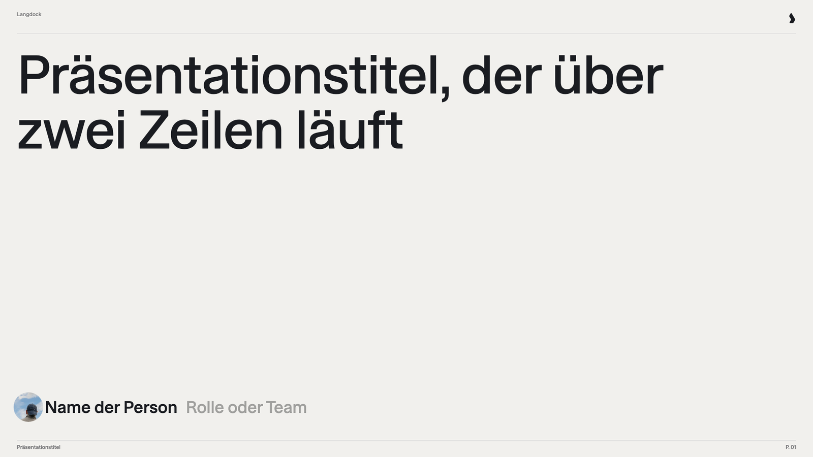 Titelfolie mit zweizeiligem Platzhaltertitel und einer Zeile zur vortragenden Person