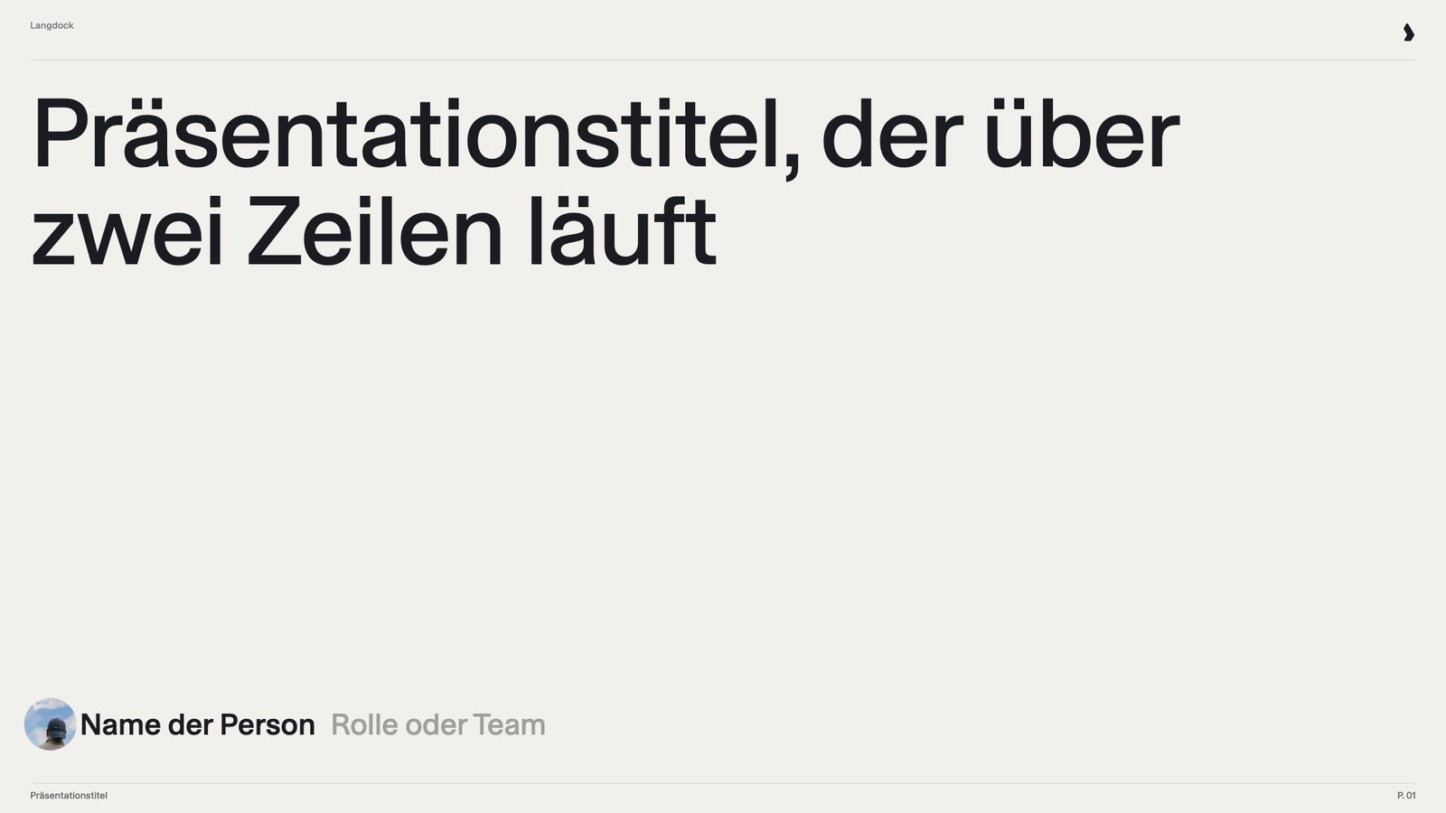 Titelfolie mit zweizeiligem Platzhaltertitel und einer Zeile zur vortragenden Person