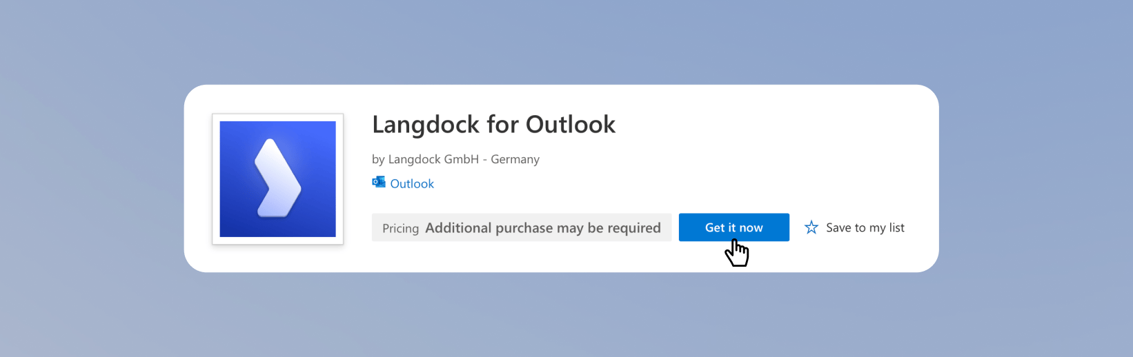 Langdock for Outlook Eintrag im Microsoft Marketplace mit Get it now Button