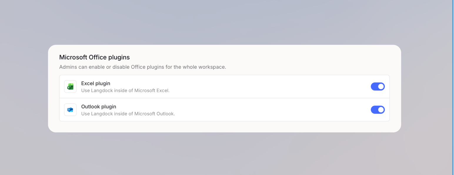 Microsoft Office Plugins Bereich in den Langdock Integrationseinstellungen mit aktivierten Toggles für Excel- und Outlook-Plugin