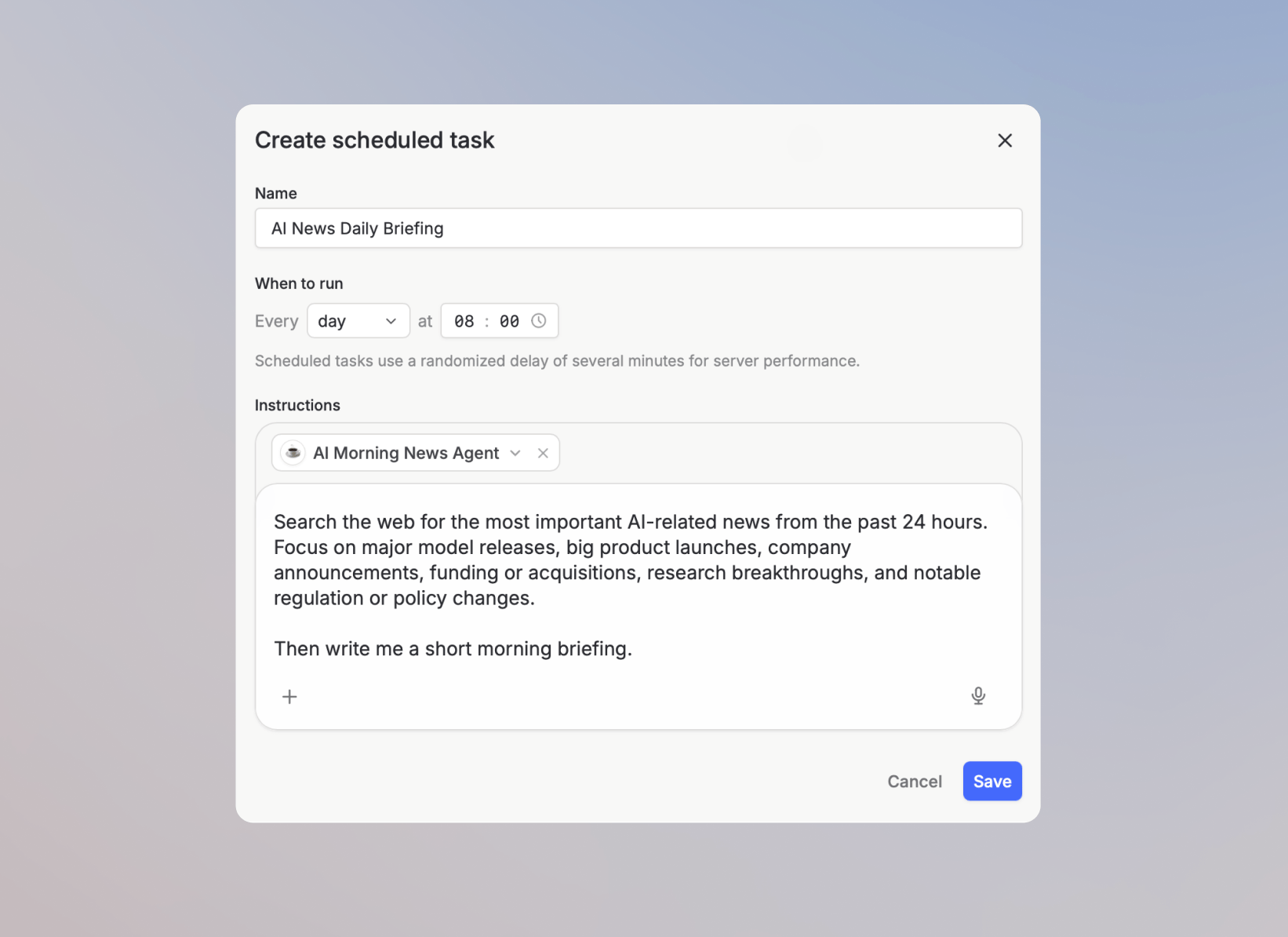 Create scheduled task dialog with a daily briefing example