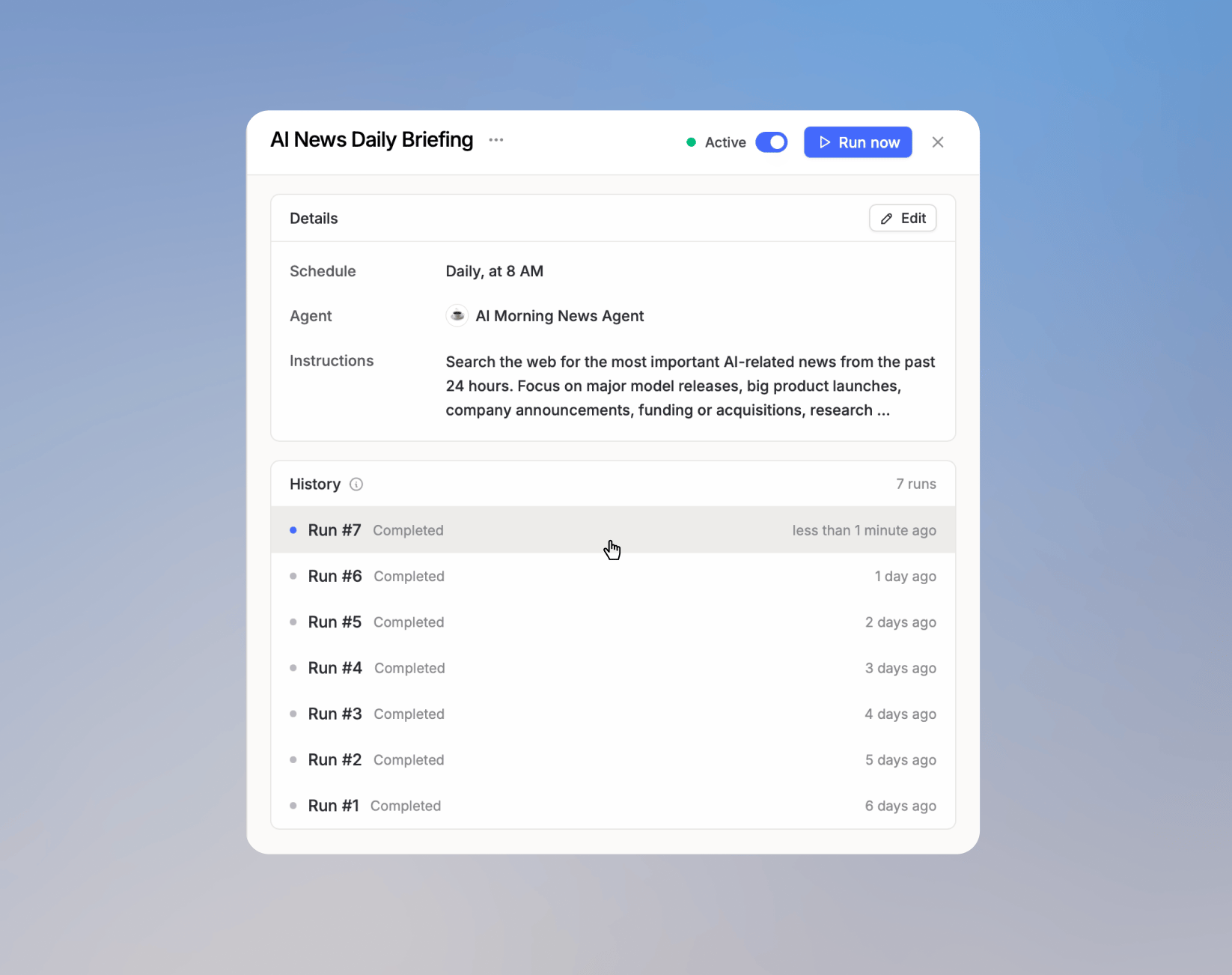 Scheduled task detail view with active status, Run now button, and run history