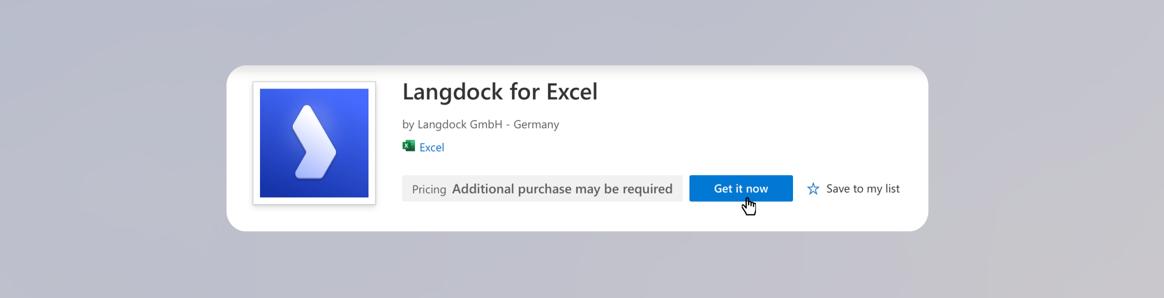 Langdock for Excel Eintrag im Microsoft Marketplace mit Get it now Button