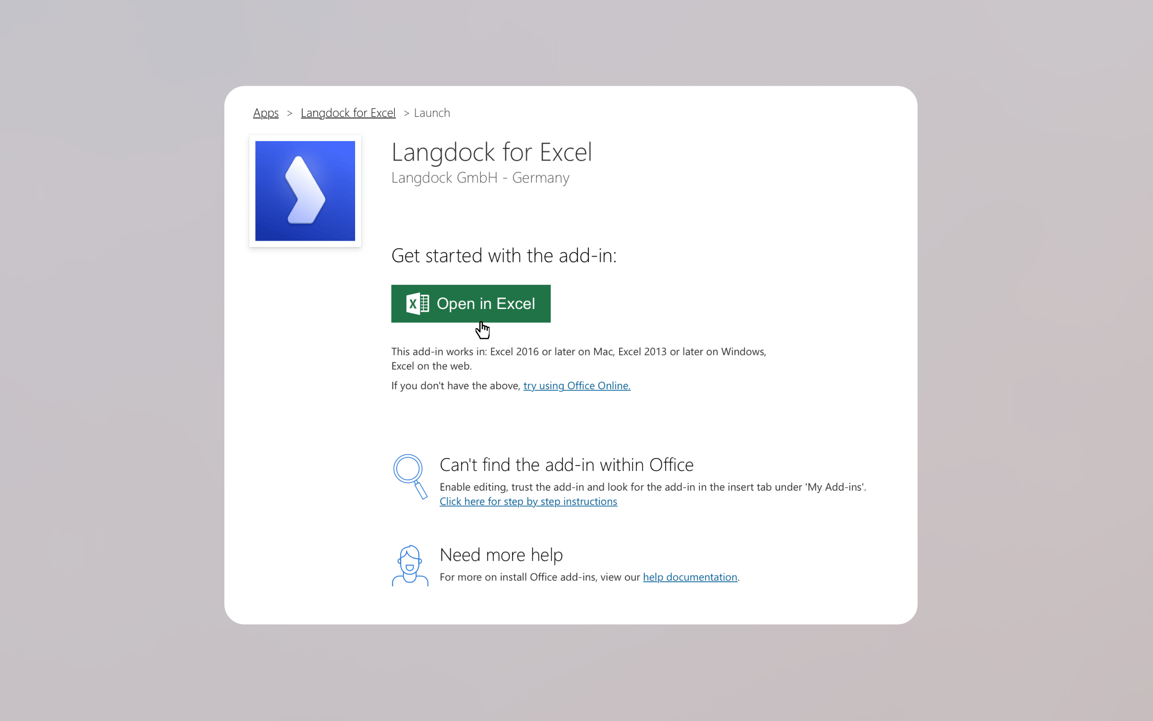 Langdock for Excel Startseite mit Open in Excel Button