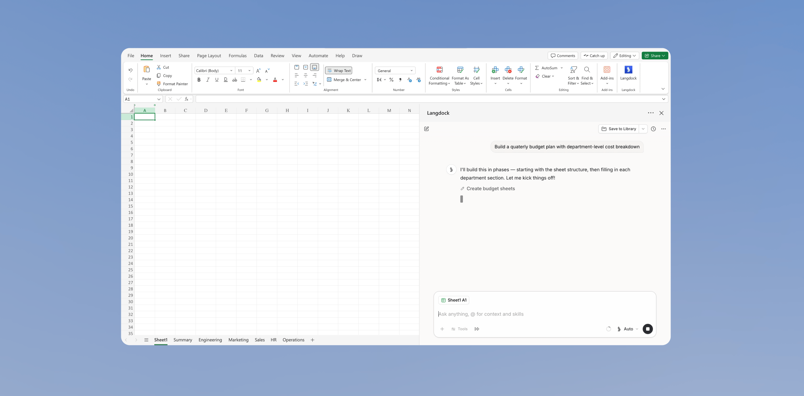 Langdock Add-in in Excel mit einem Prompt für einen Quartalsbudgetplan mit Kostenaufschlüsselung nach Abteilung