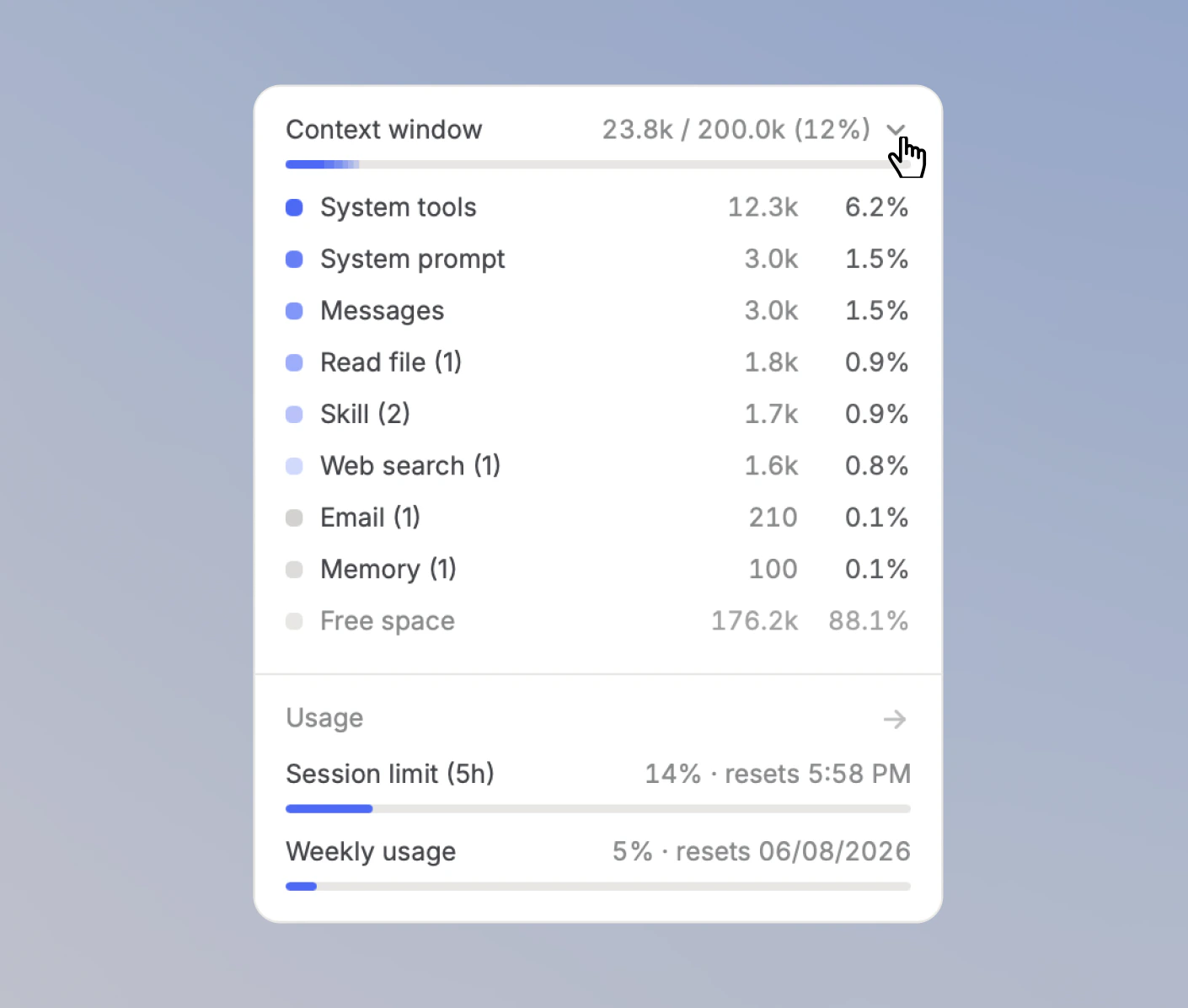 Expanded context window indicator showing system tools, system prompt, messages, tool rows, memory, summarized conversation, attachments, and free space