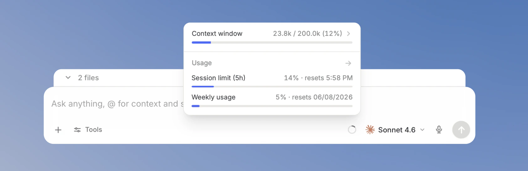 Chat input with the context window indicator open above the model selector