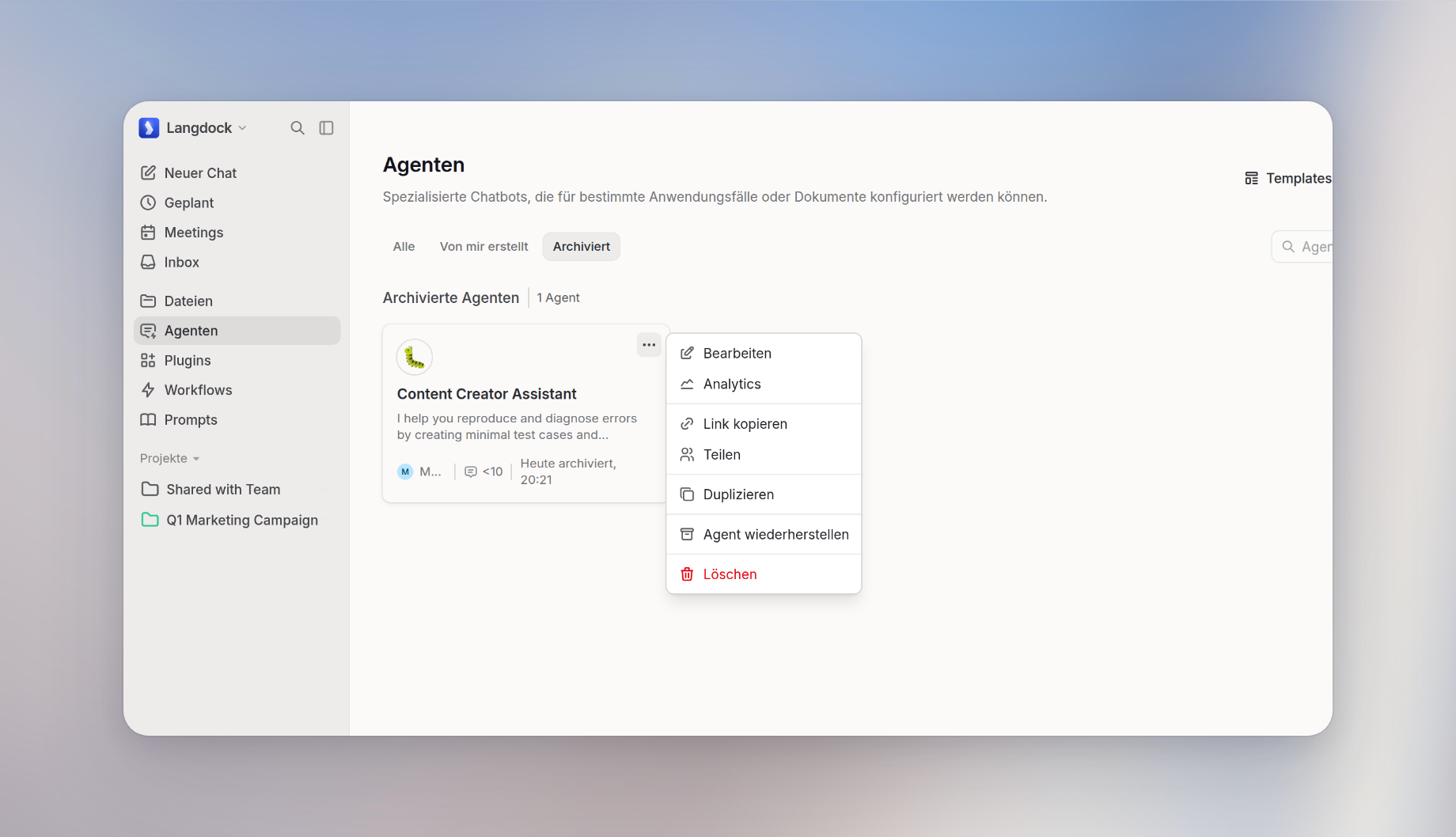 Agenten-Seite mit dem Tab Archiviert und einem archivierten Agenten, den du wiederherstellen kannst