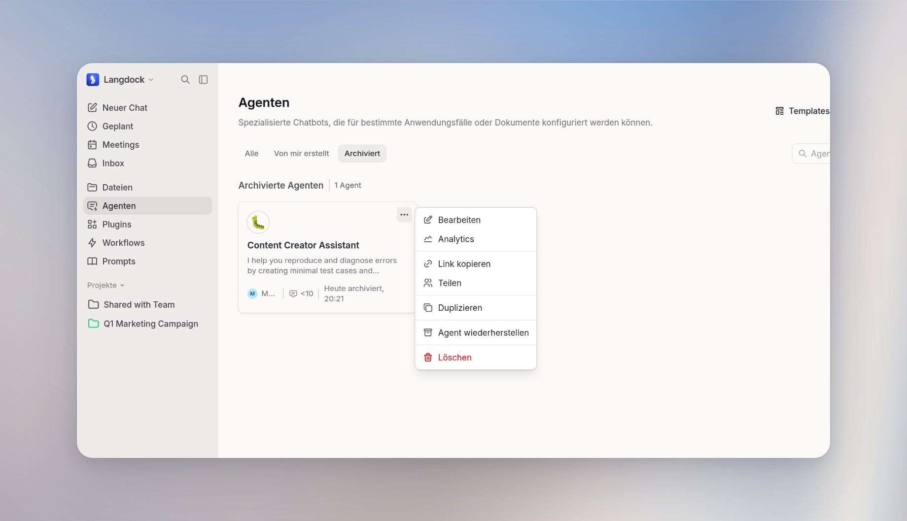 Agenten-Seite mit dem Tab Archiviert und einem archivierten Agenten, den du wiederherstellen kannst
