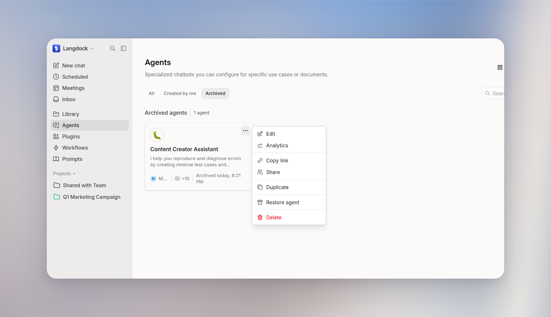 Agents page showing the Archived tab and an archived agent that can be restored