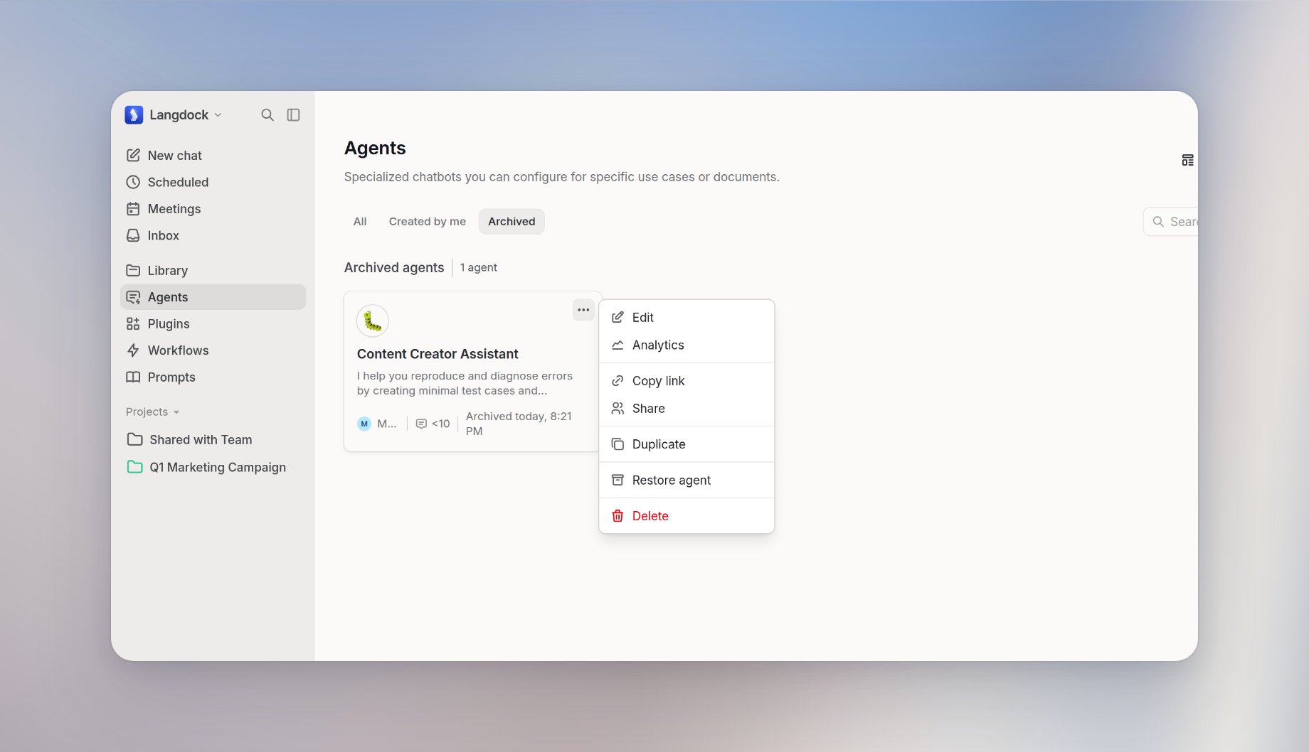 Agents page showing the Archived tab and an archived agent that can be restored