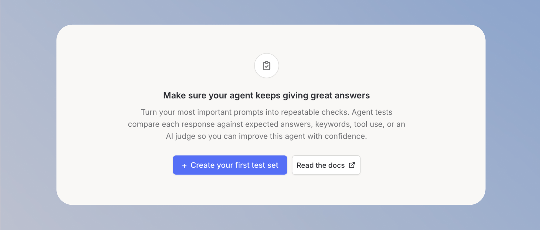 Agent Evals Willkommensbildschirm mit Button zum Erstellen des ersten Test-Sets und Link zur Dokumentation