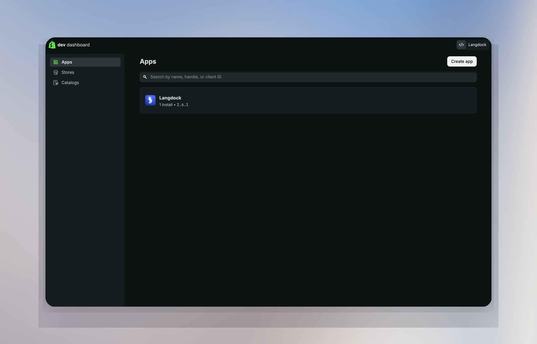 Shopify Dev Dashboard Apps page with the Create app button