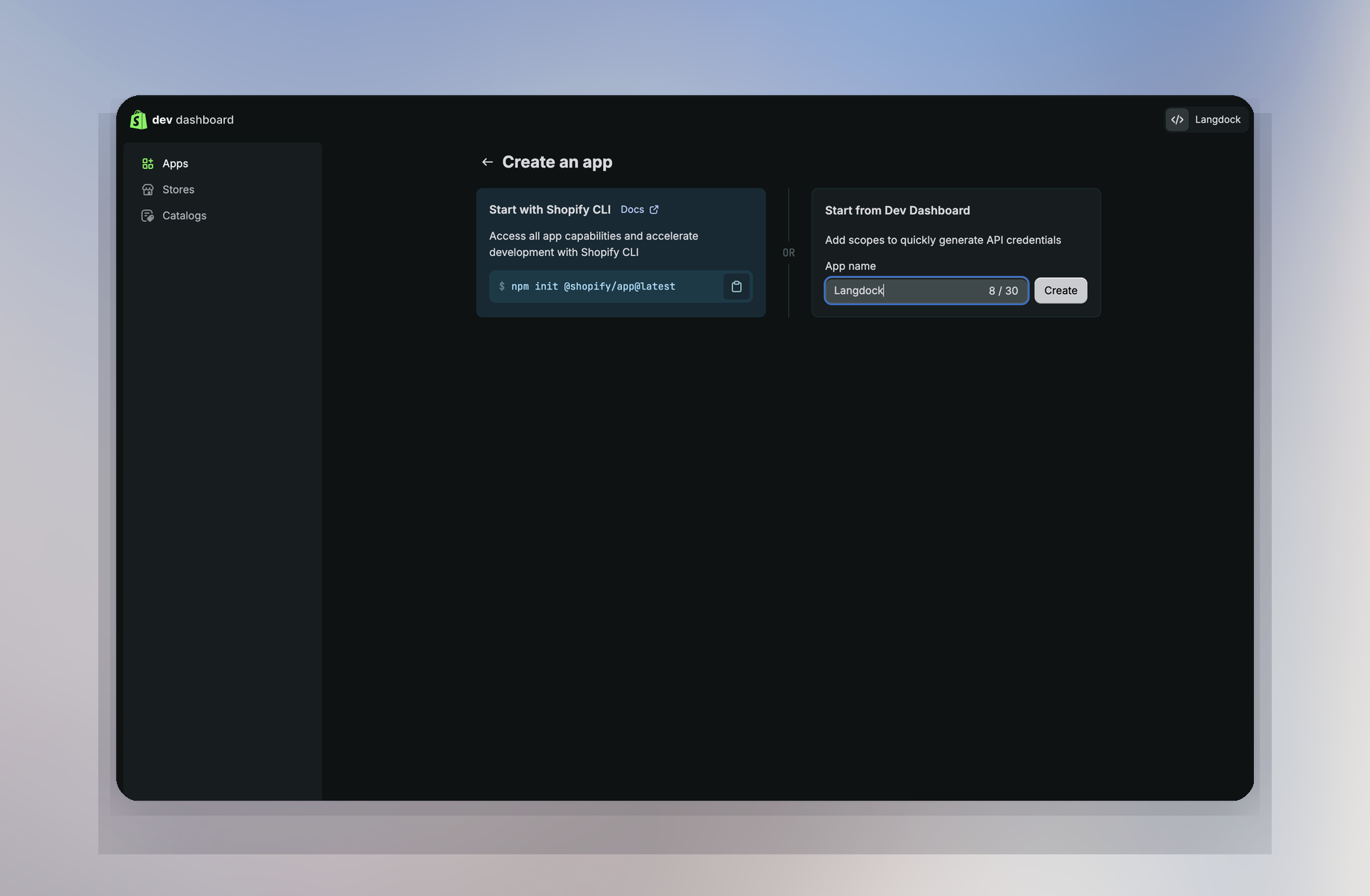 Create an app screen with Langdock entered as the app name under Start from Dev Dashboard